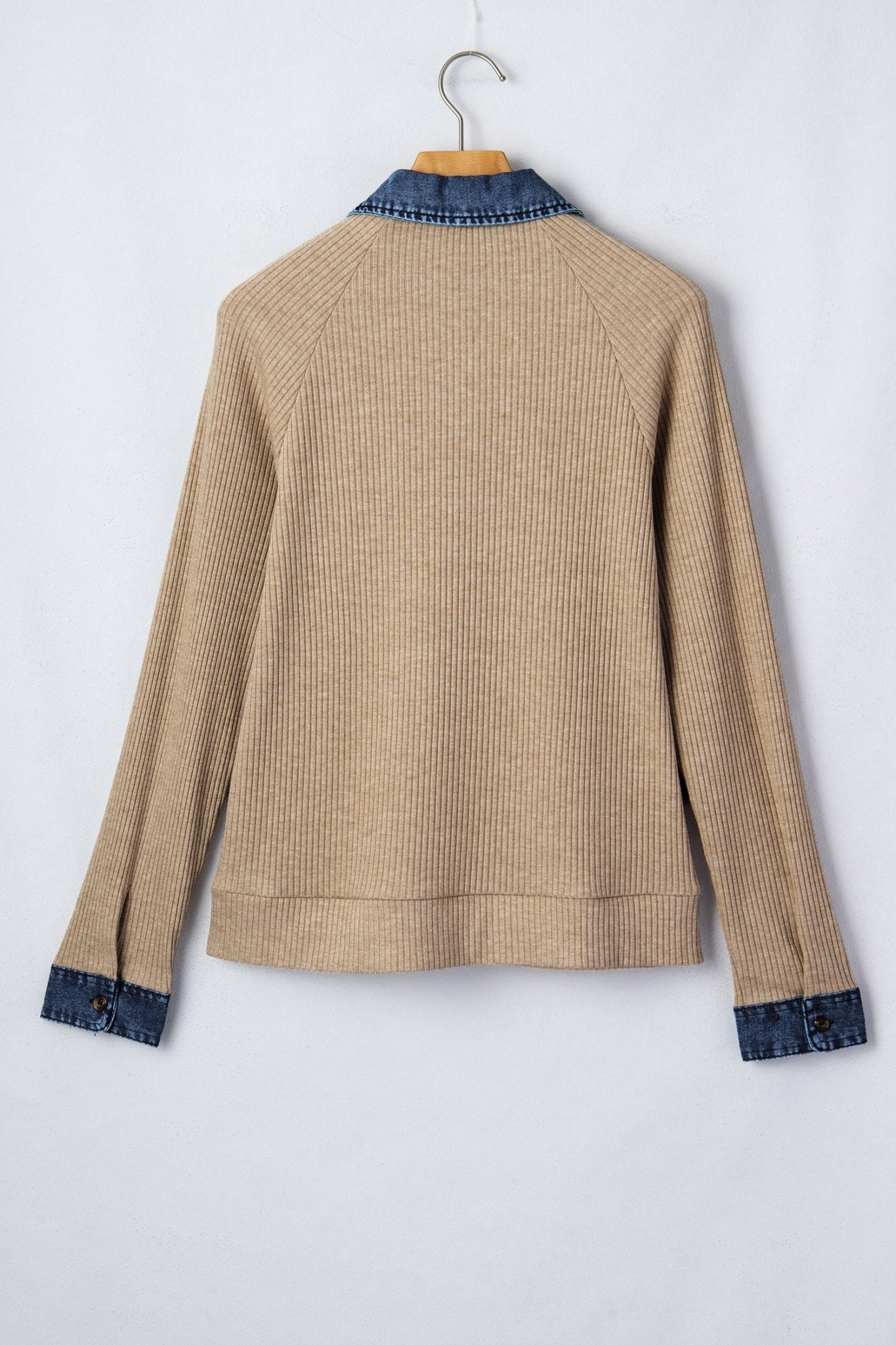 Denim Patchwork Ribbed Knit Polo Collar Top - Rooted & Reckless Co.