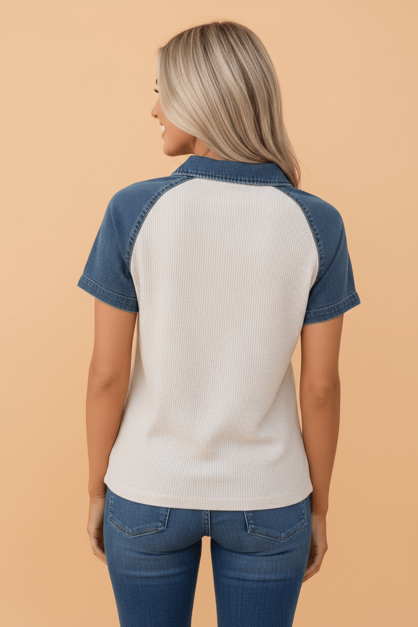 Denim Patchwork Textured Colorblock Polo Collar Tee - Rooted & Reckless Co.