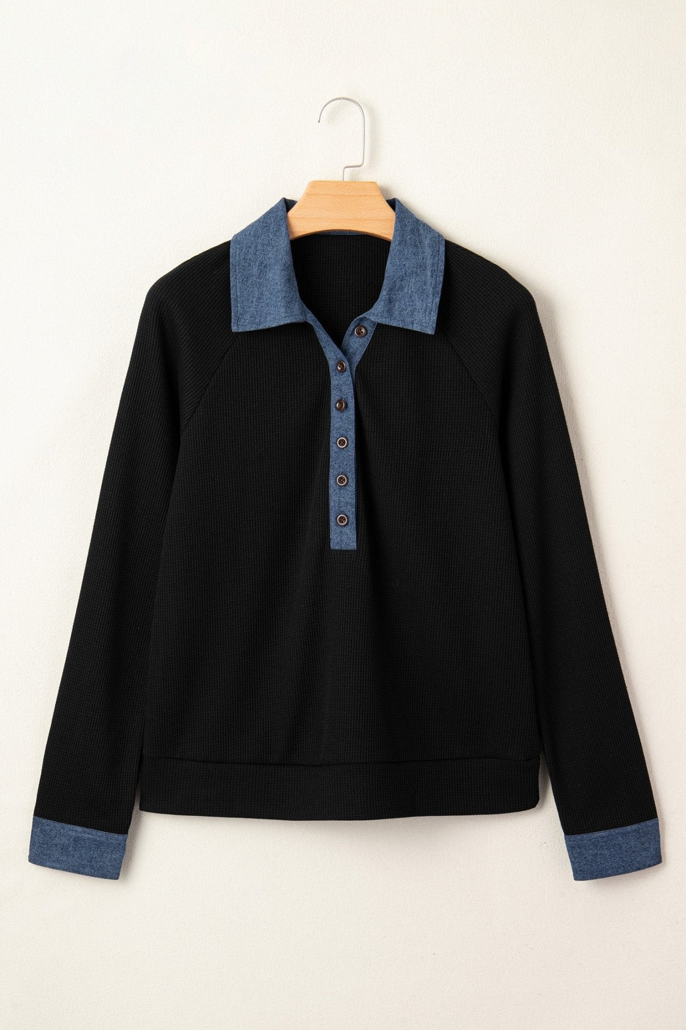 Denim Patchwork Textured Knit Polo Collar Top - Rooted & Reckless Co.