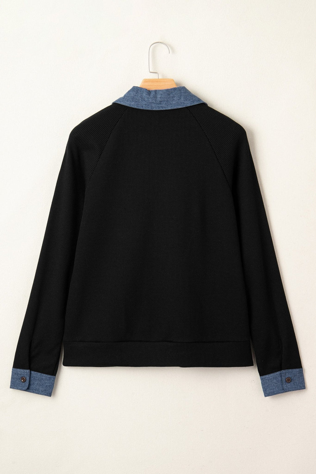 Denim Patchwork Textured Knit Polo Collar Top - Rooted & Reckless Co.