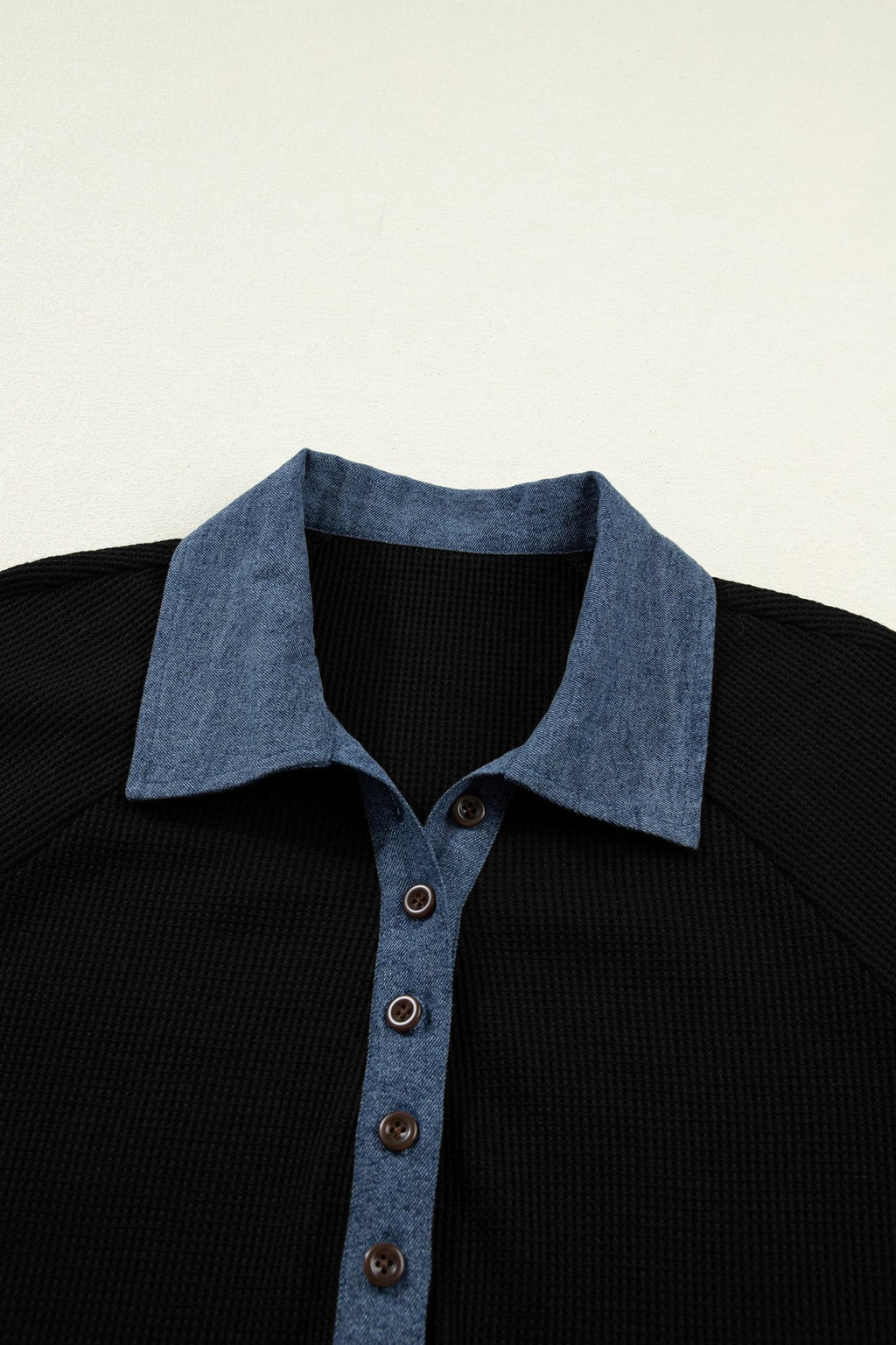 Denim Patchwork Textured Knit Polo Collar Top - Rooted & Reckless Co.