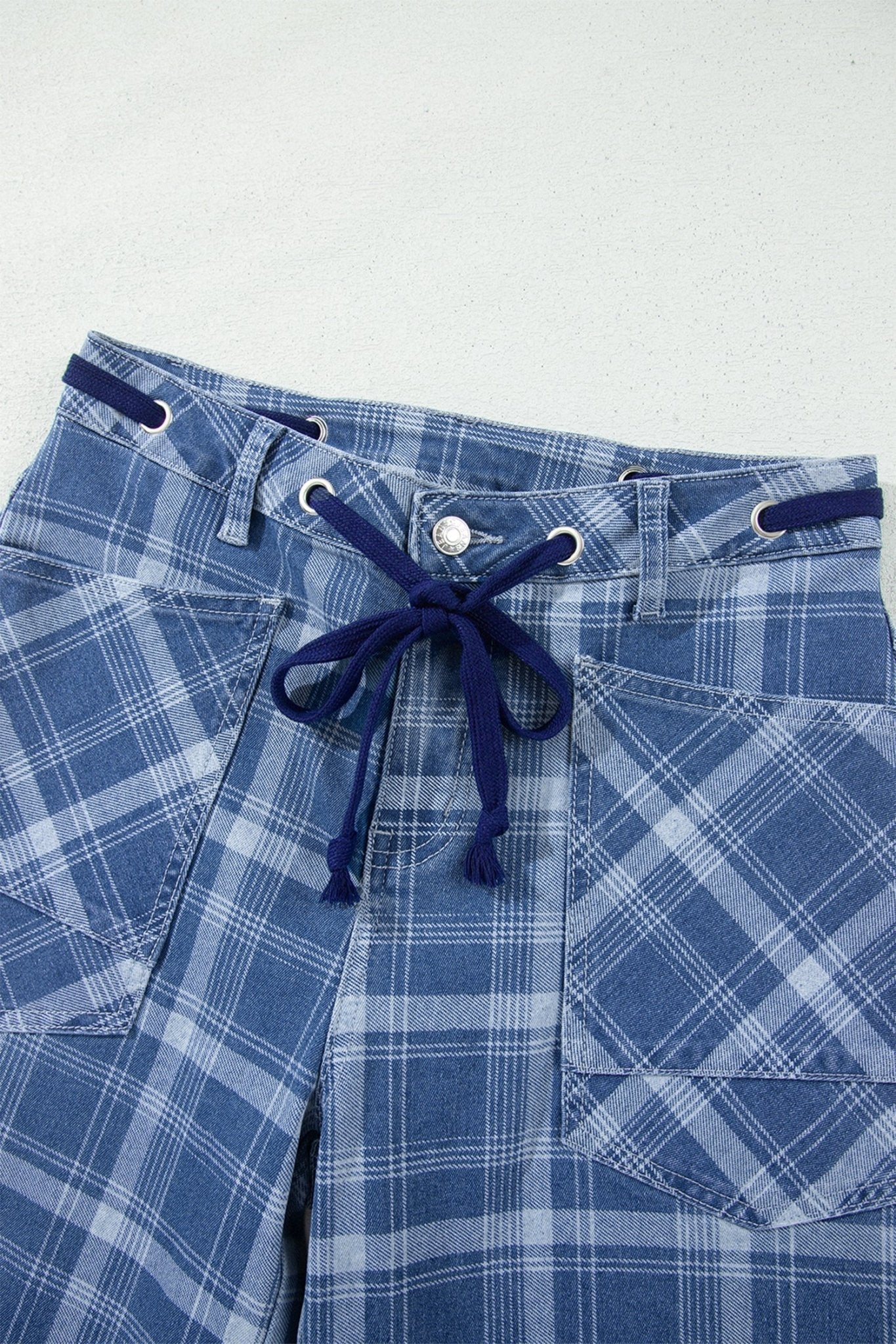 Denim Plaid Grommet Drawstring Waist Jeans - Rooted & Reckless Co.
