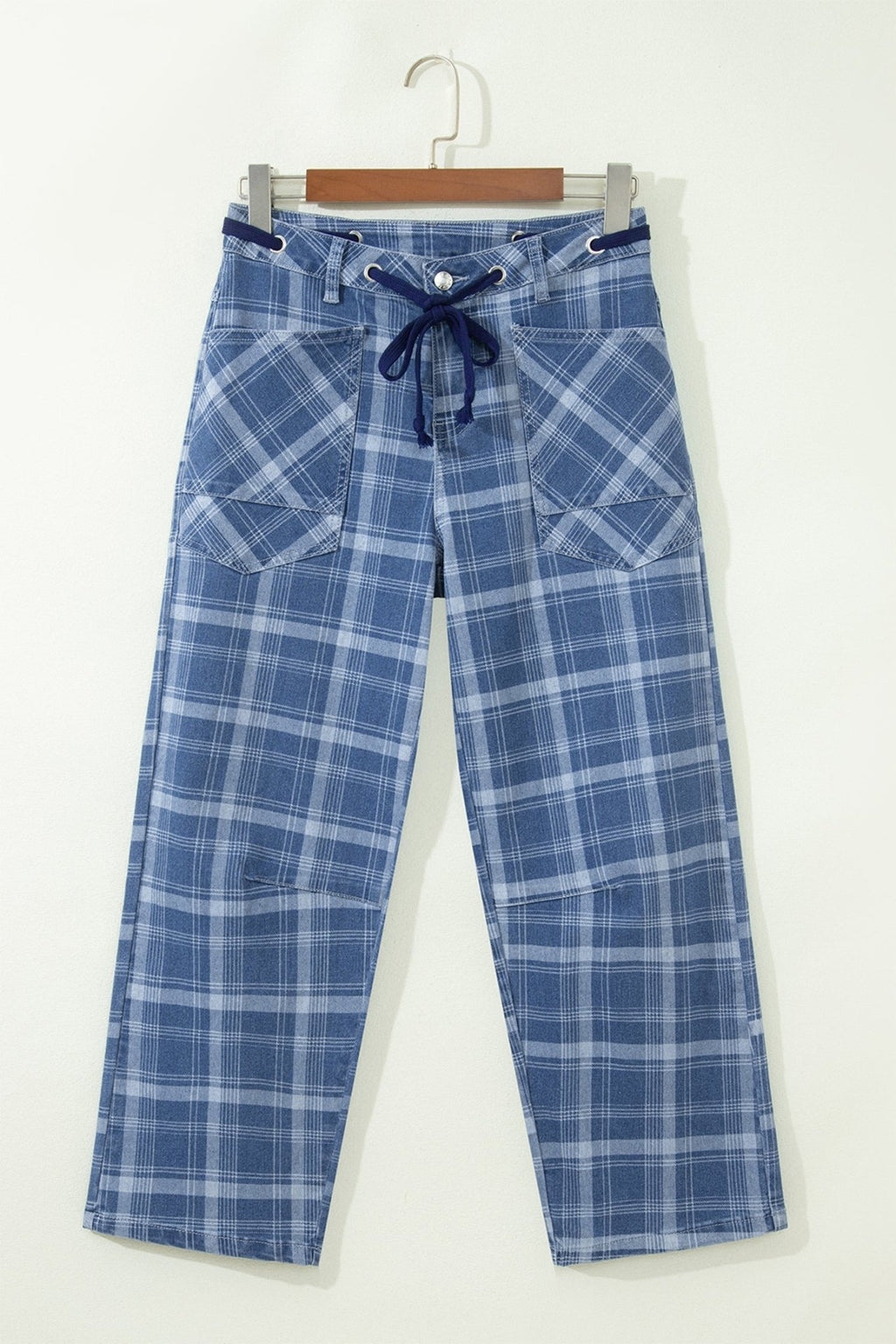 Denim Plaid Grommet Drawstring Waist Jeans - Rooted & Reckless Co.