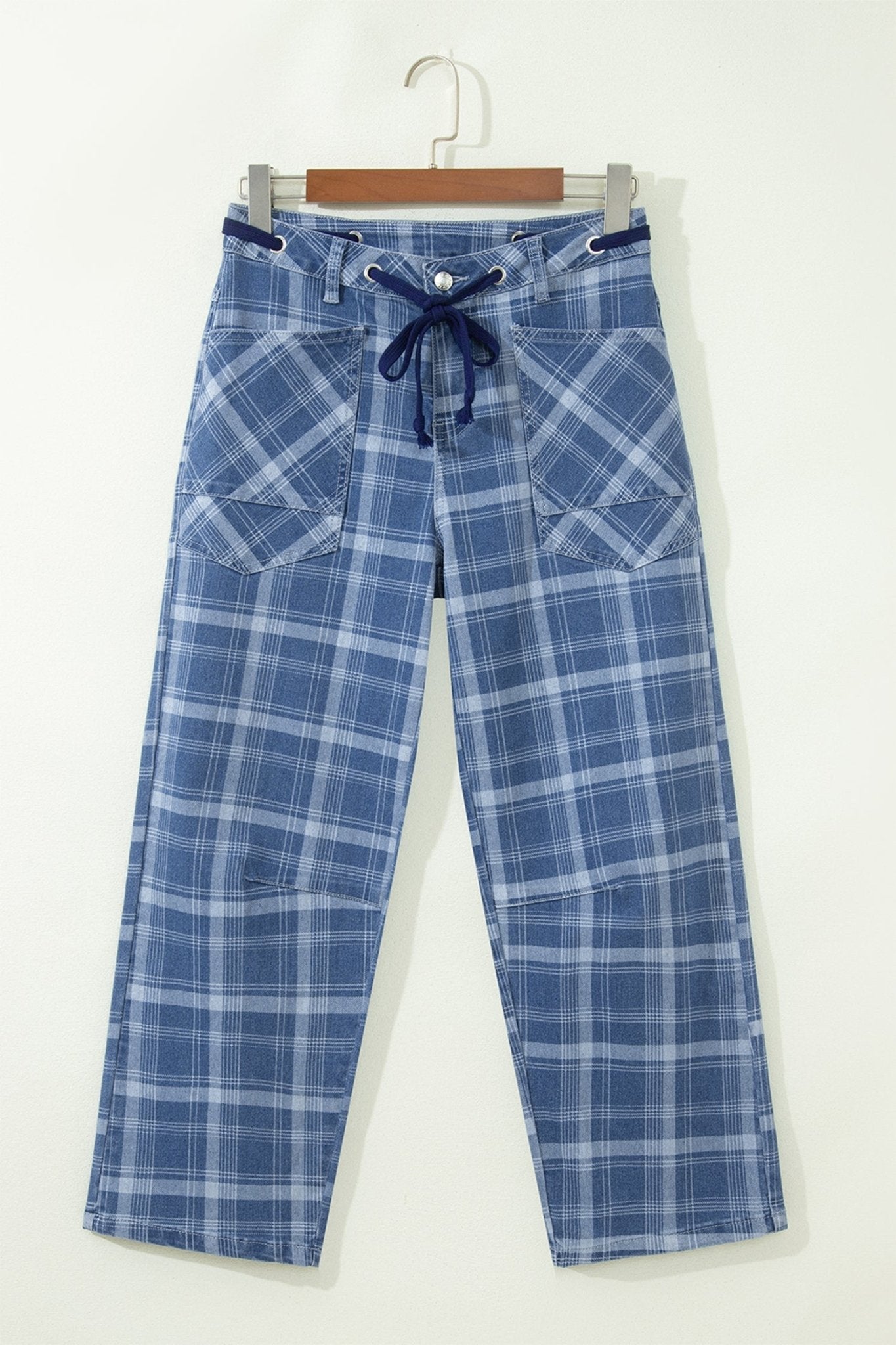 Denim Plaid Grommet Drawstring Waist Jeans - Rooted & Reckless Co.