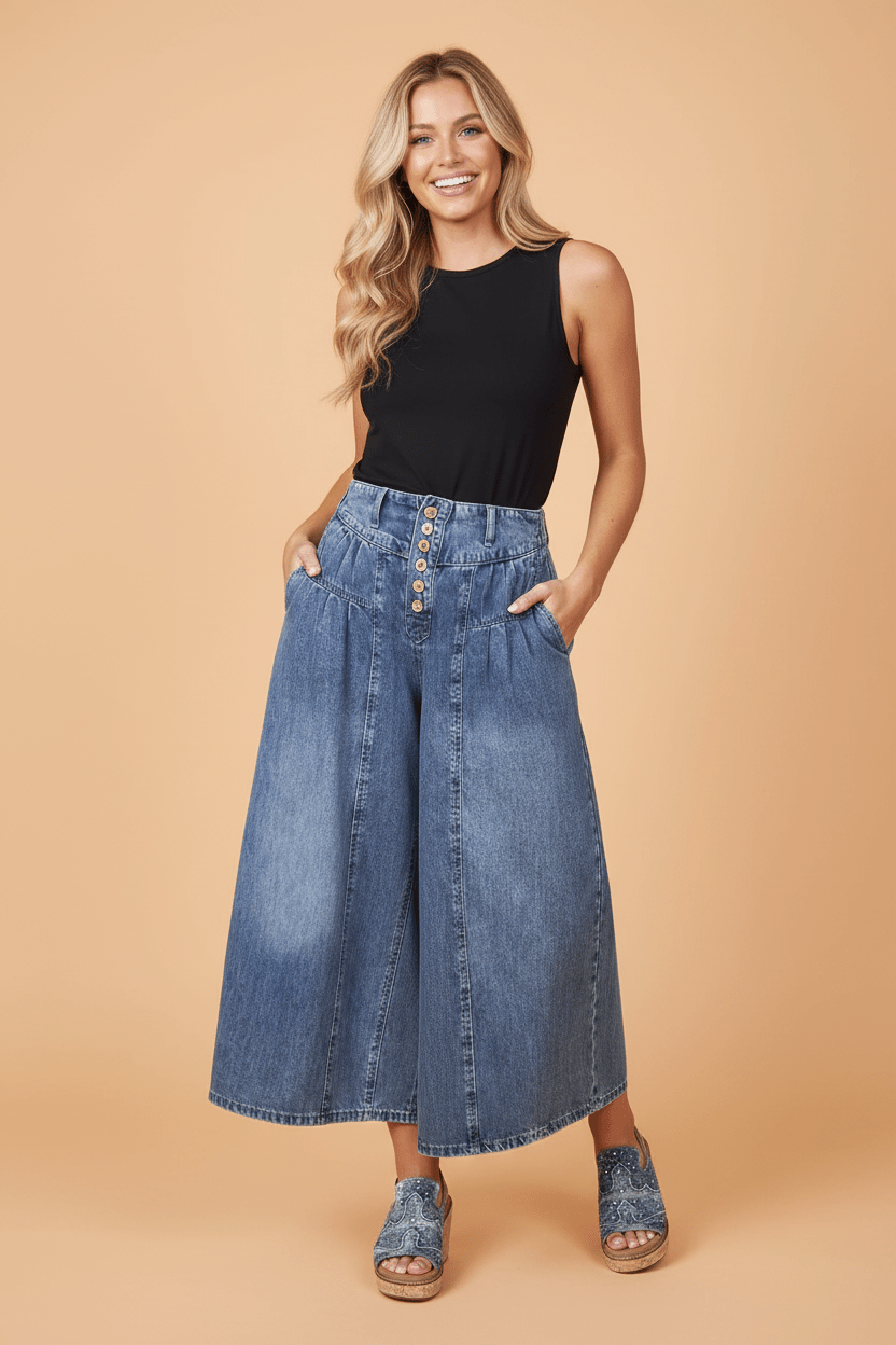 Denim Pleated High Rise Cropped Wide Leg Pants - Rooted & Reckless Co.