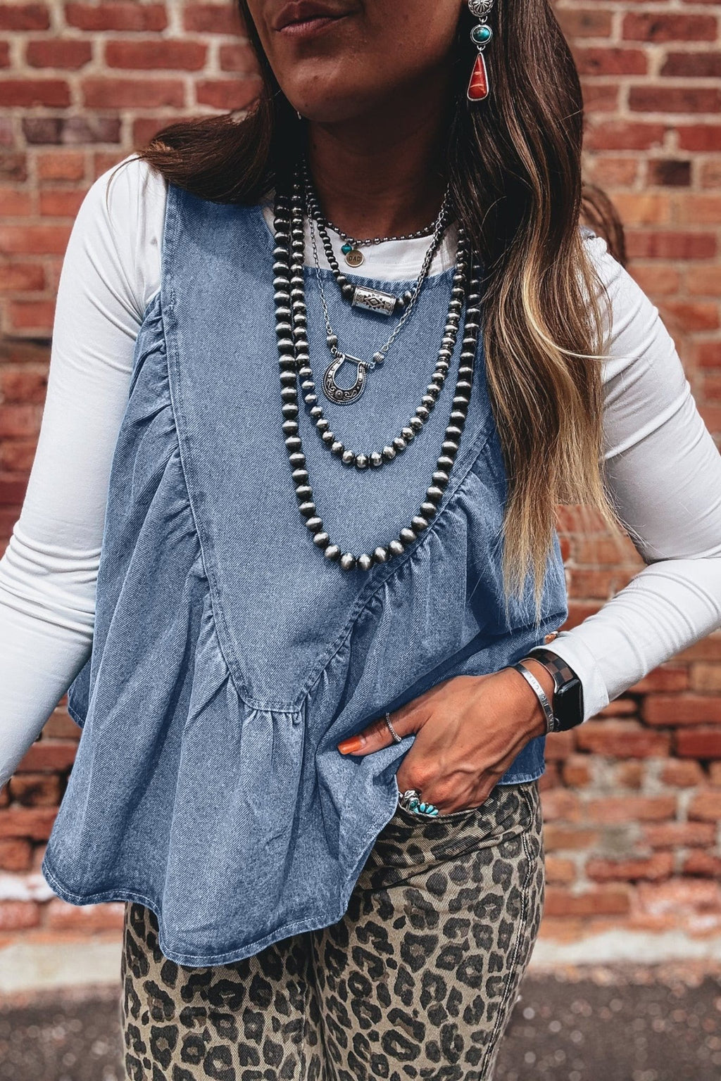 Denim Pleated Patchwork Sleeveless Top - Rooted & Reckless Co.