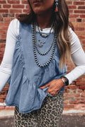 Denim Pleated Patchwork Sleeveless Top - Rooted & Reckless Co.