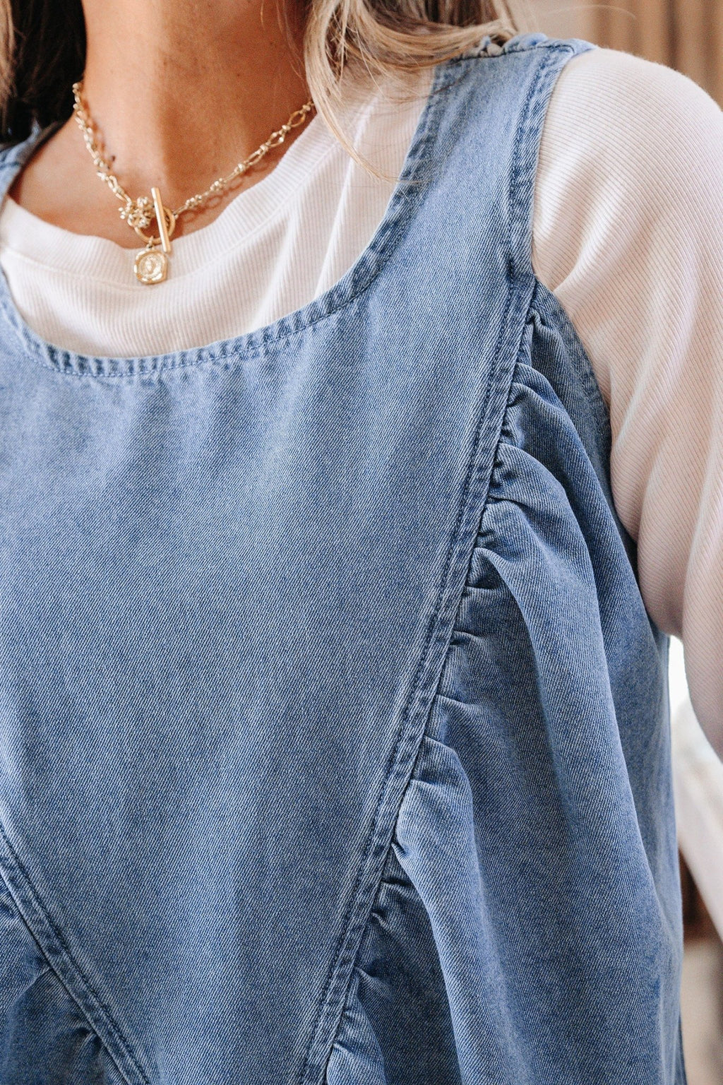 Denim Pleated Patchwork Sleeveless Top - Rooted & Reckless Co.