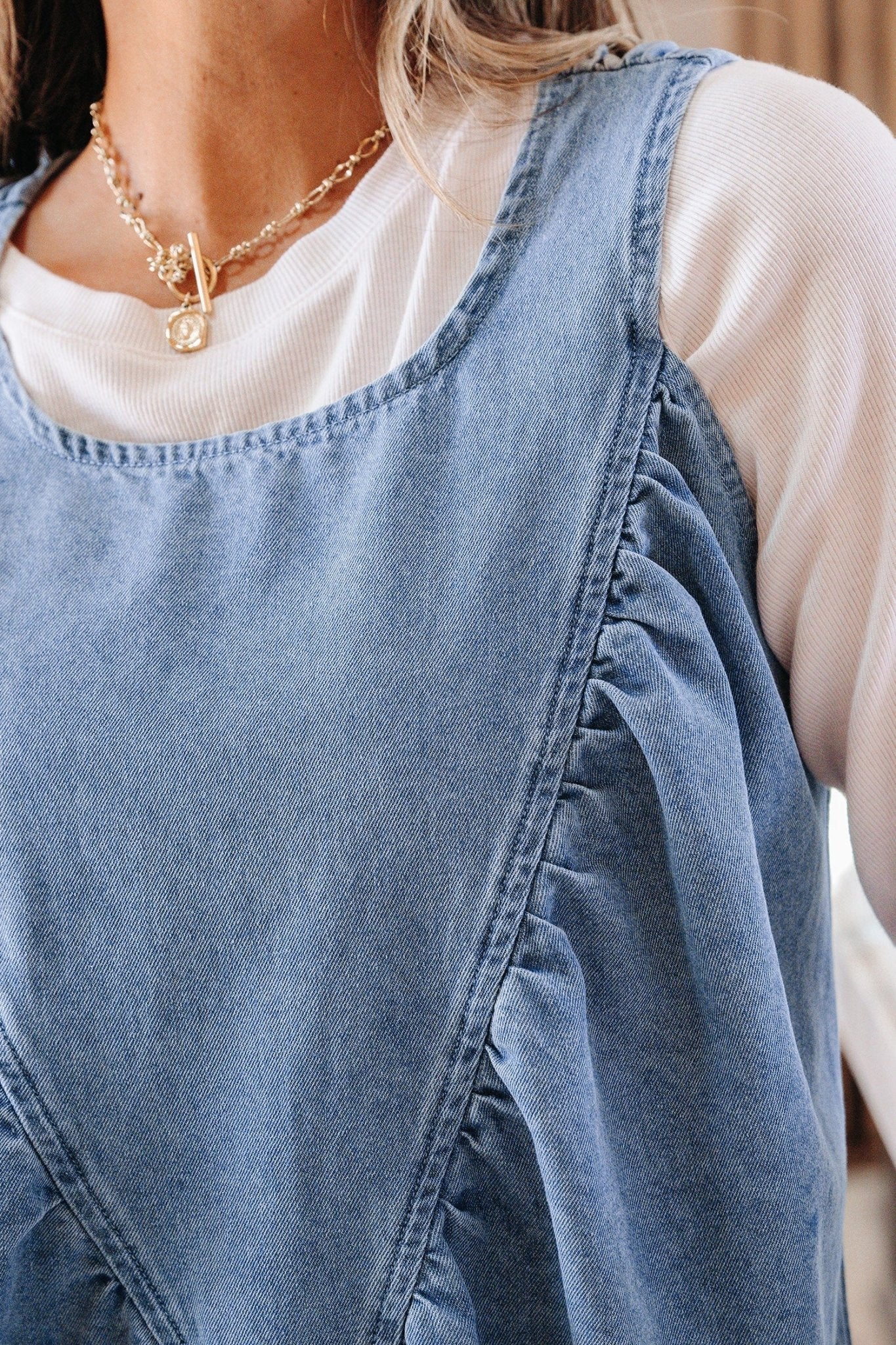 Denim Pleated Patchwork Sleeveless Top - Rooted & Reckless Co.