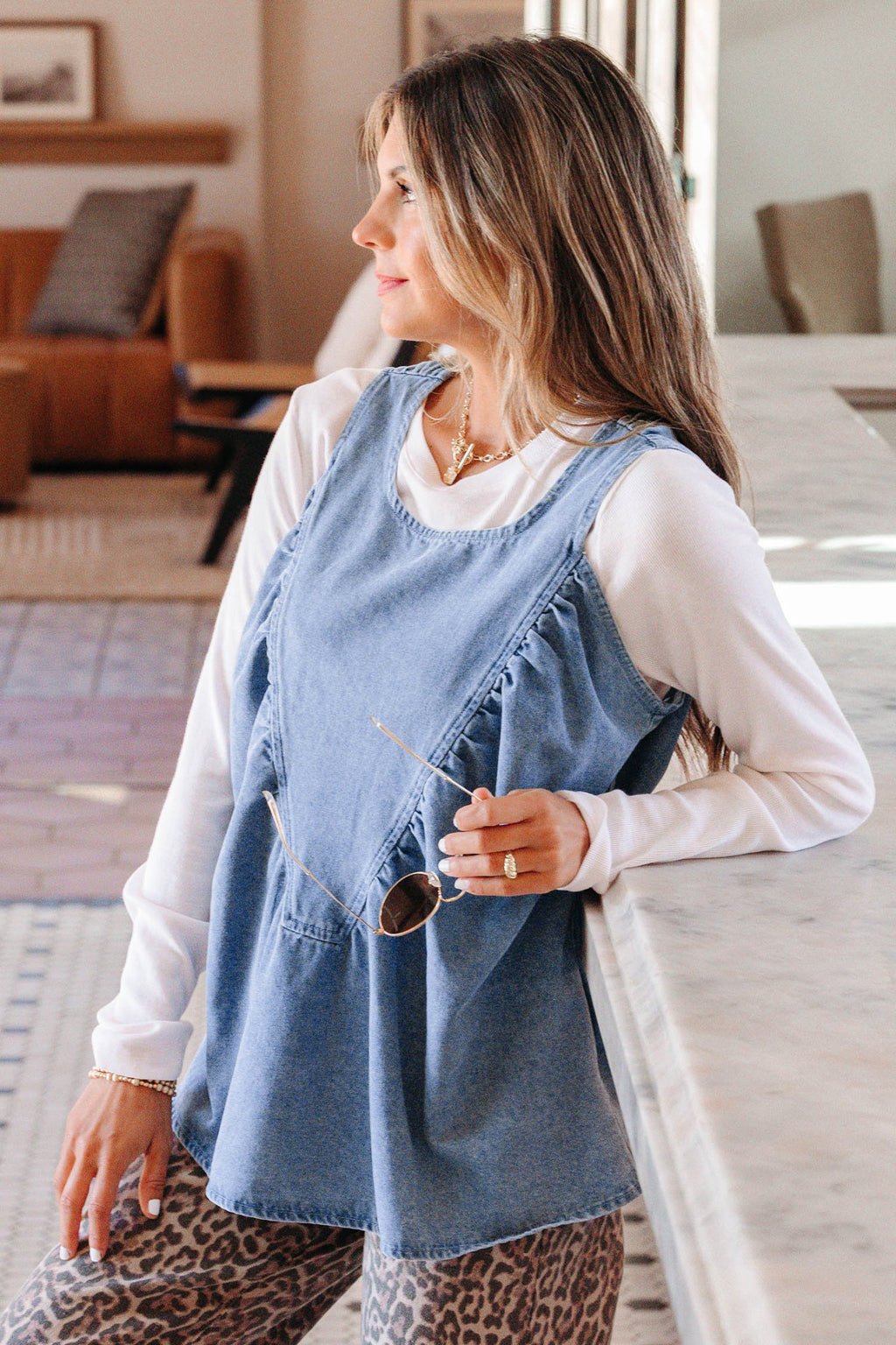 Denim Pleated Patchwork Sleeveless Top - Rooted & Reckless Co.