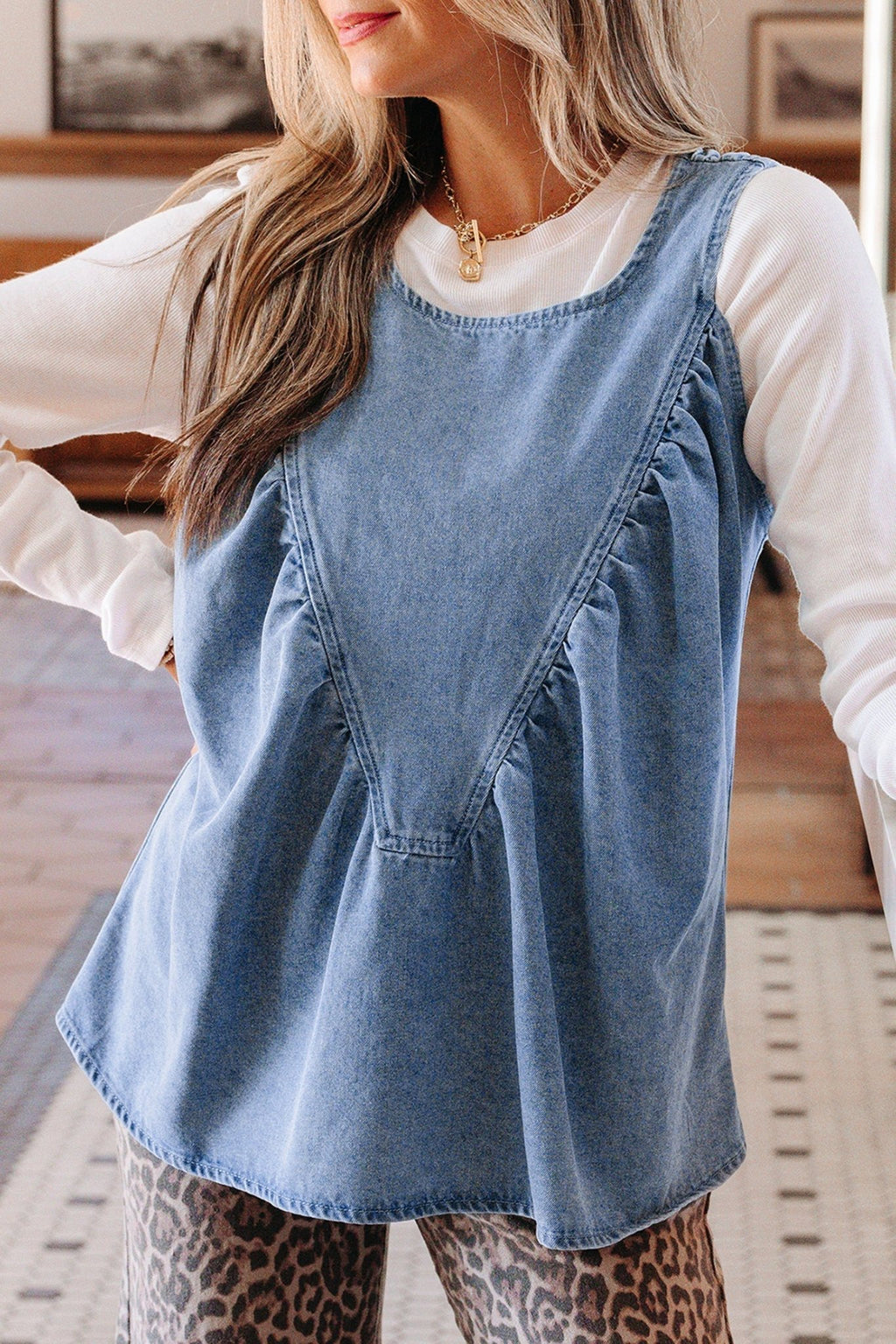 Denim Pleated Patchwork Sleeveless Top - Rooted & Reckless Co.