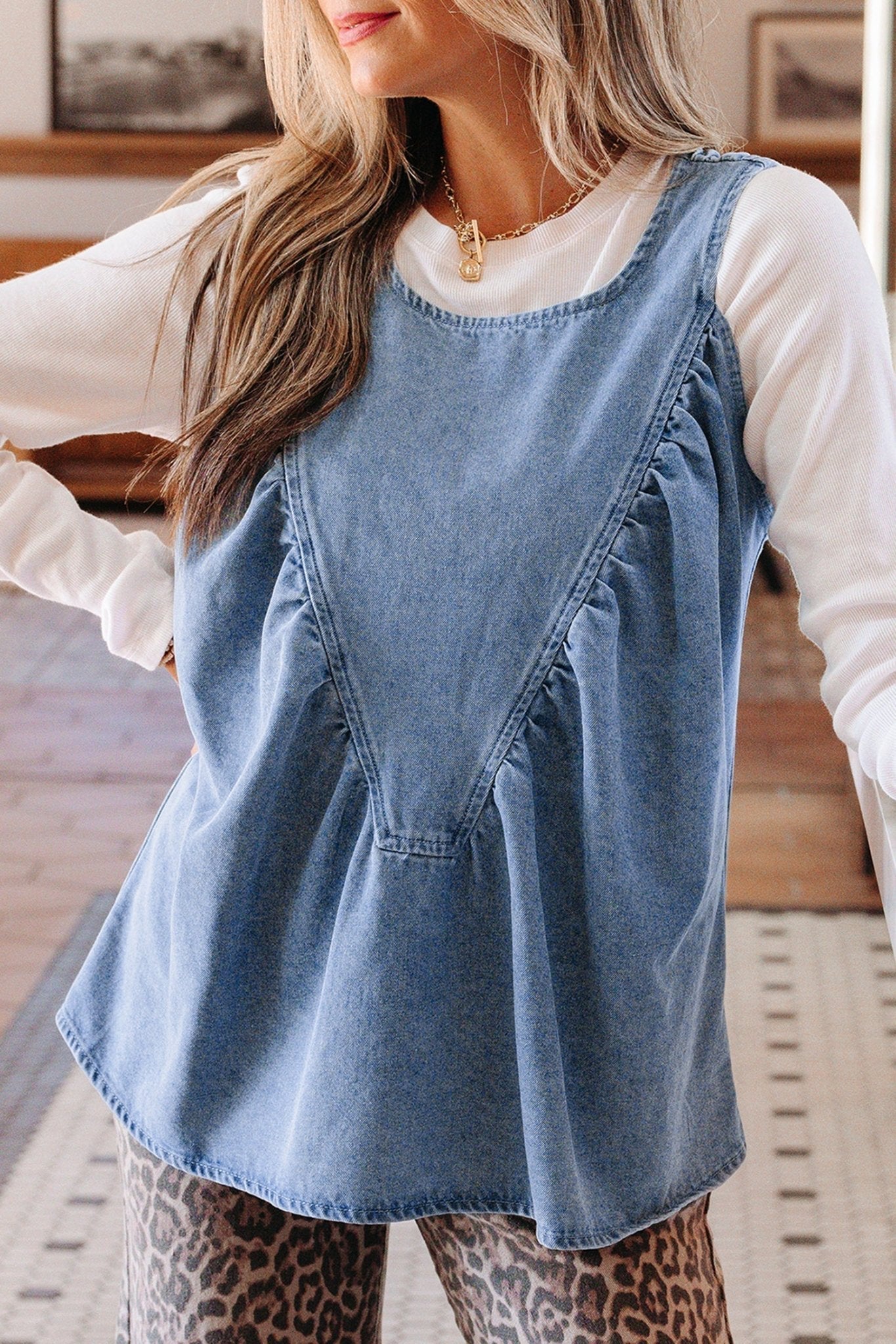 Denim Pleated Patchwork Sleeveless Top - Rooted & Reckless Co.