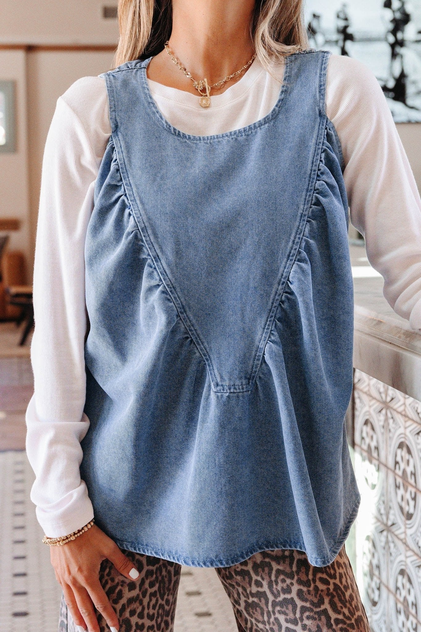 Denim Pleated Patchwork Sleeveless Top - Rooted & Reckless Co.