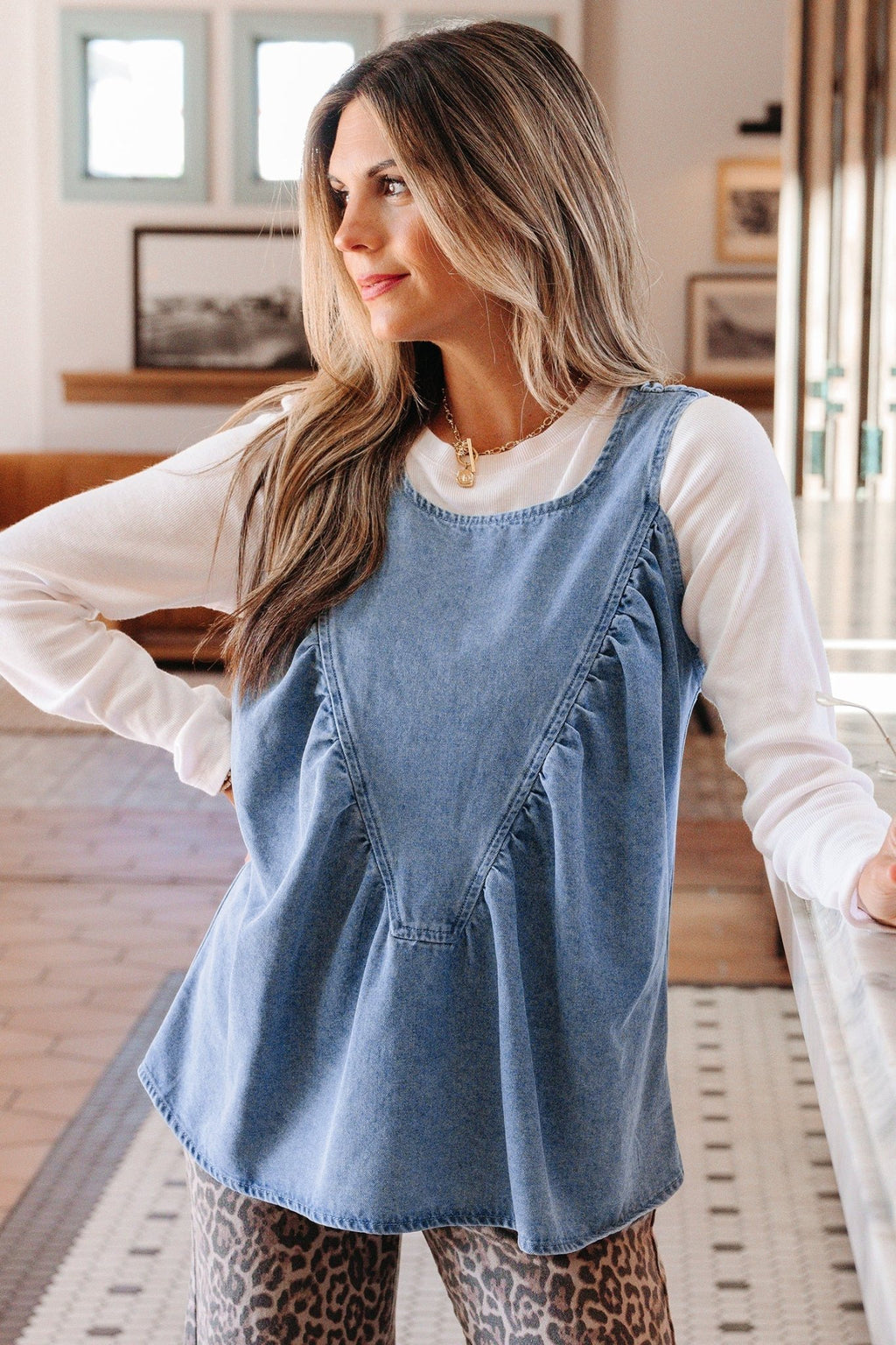 Denim Pleated Patchwork Sleeveless Top - Rooted & Reckless Co.