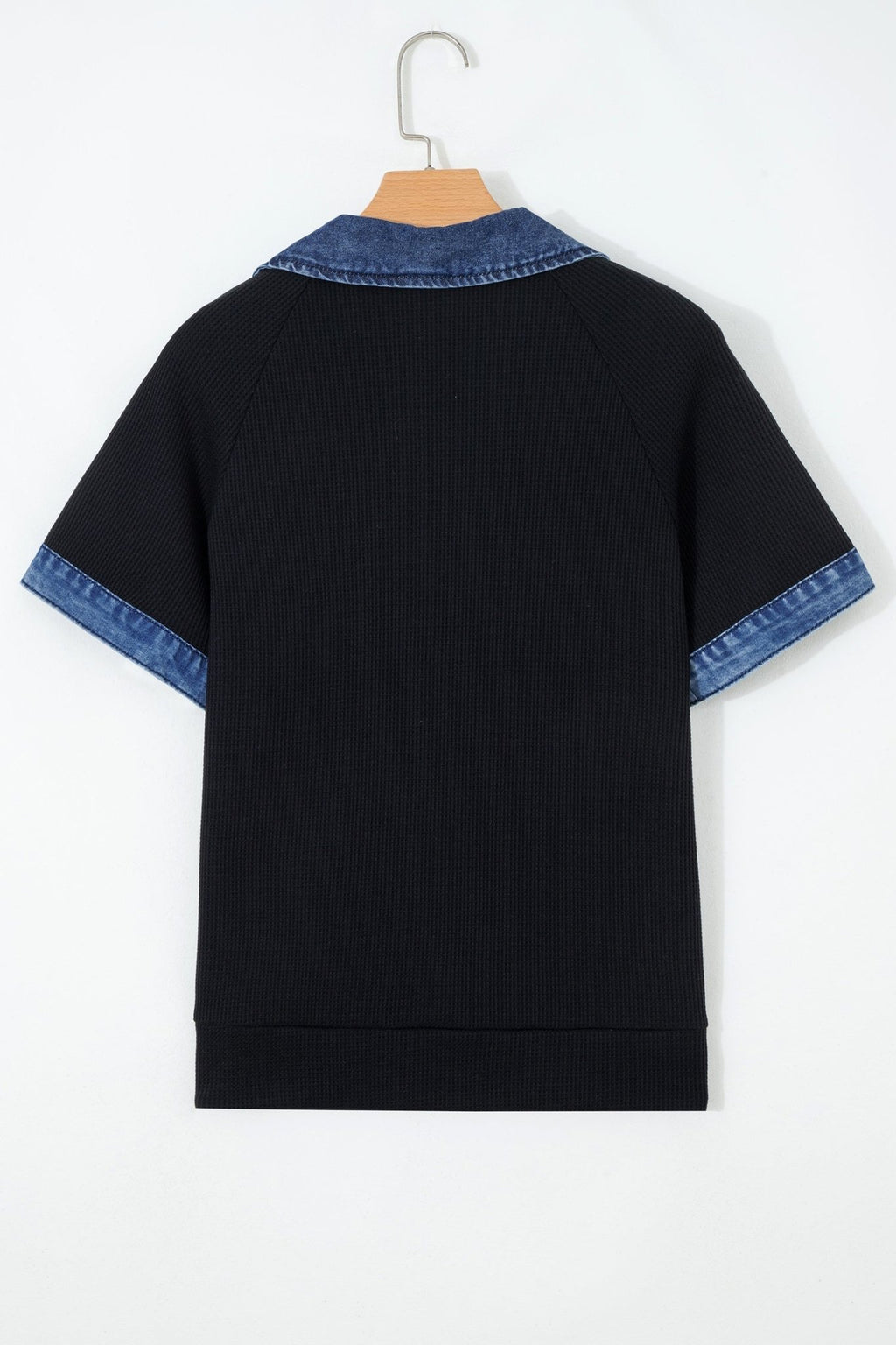 Denim Polo Collar Waffle Knit Patchwork Top - Rooted & Reckless Co.