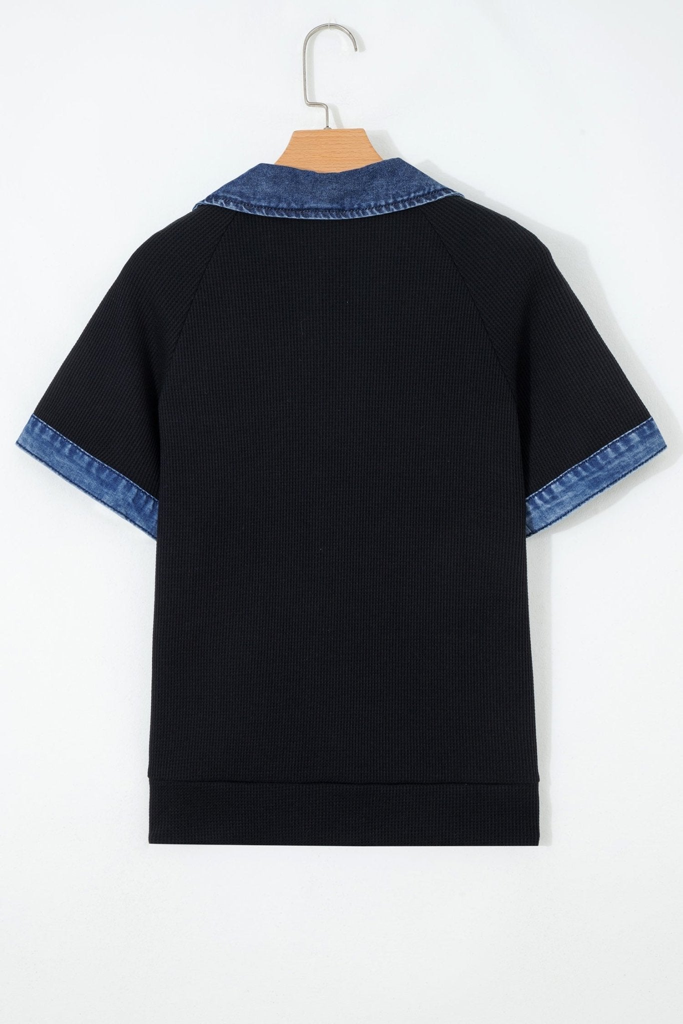 Denim Polo Collar Waffle Knit Patchwork Top - Rooted & Reckless Co.