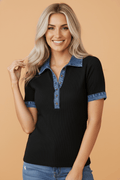 Denim Polo Collar Waffle Knit Patchwork Top - Rooted & Reckless Co.