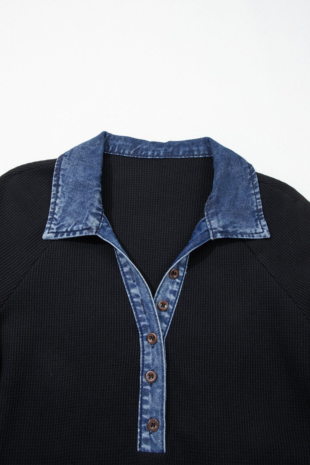 Denim Polo Collar Waffle Knit Patchwork Top - Rooted & Reckless Co.