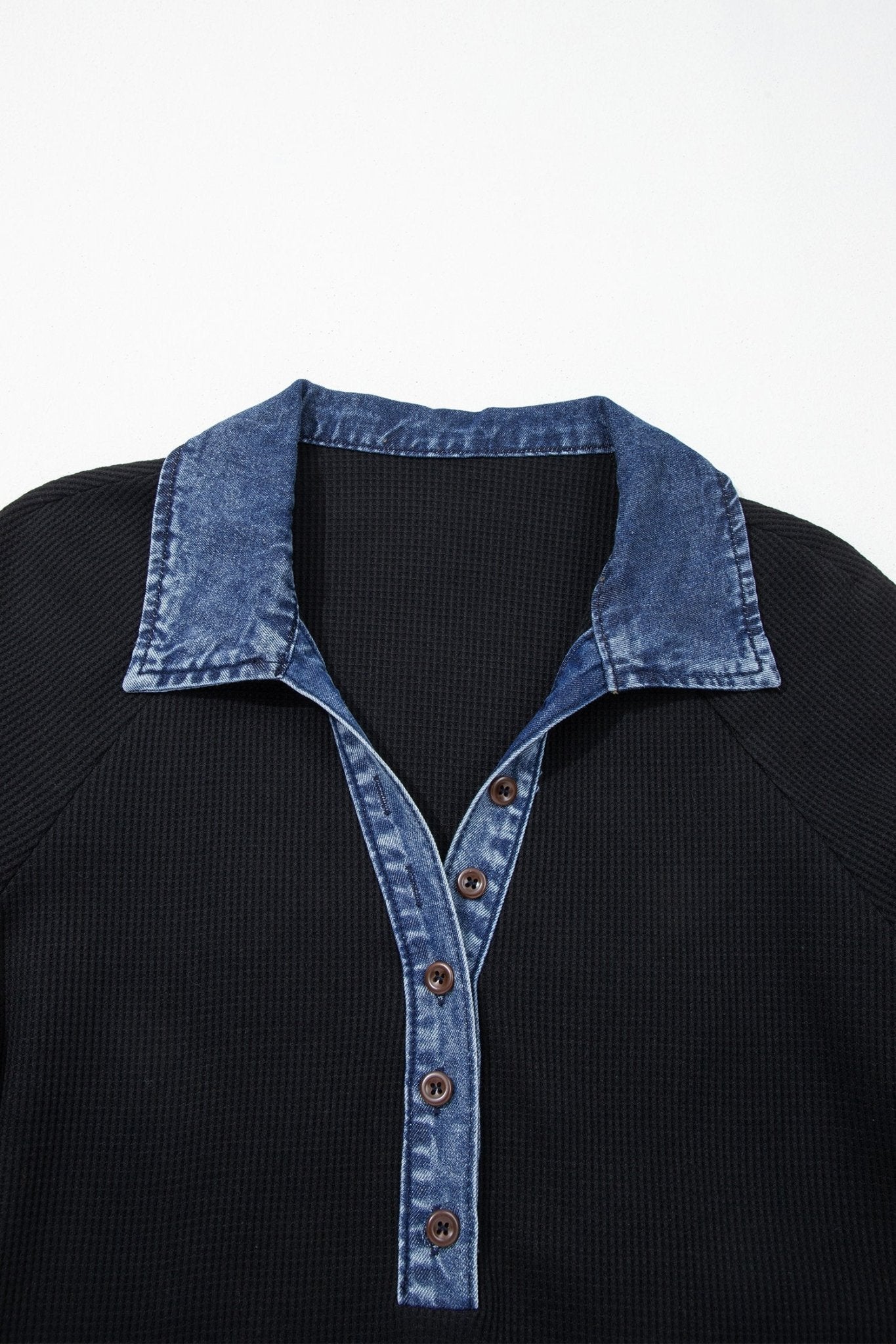 Denim Polo Collar Waffle Knit Patchwork Top - Rooted & Reckless Co.
