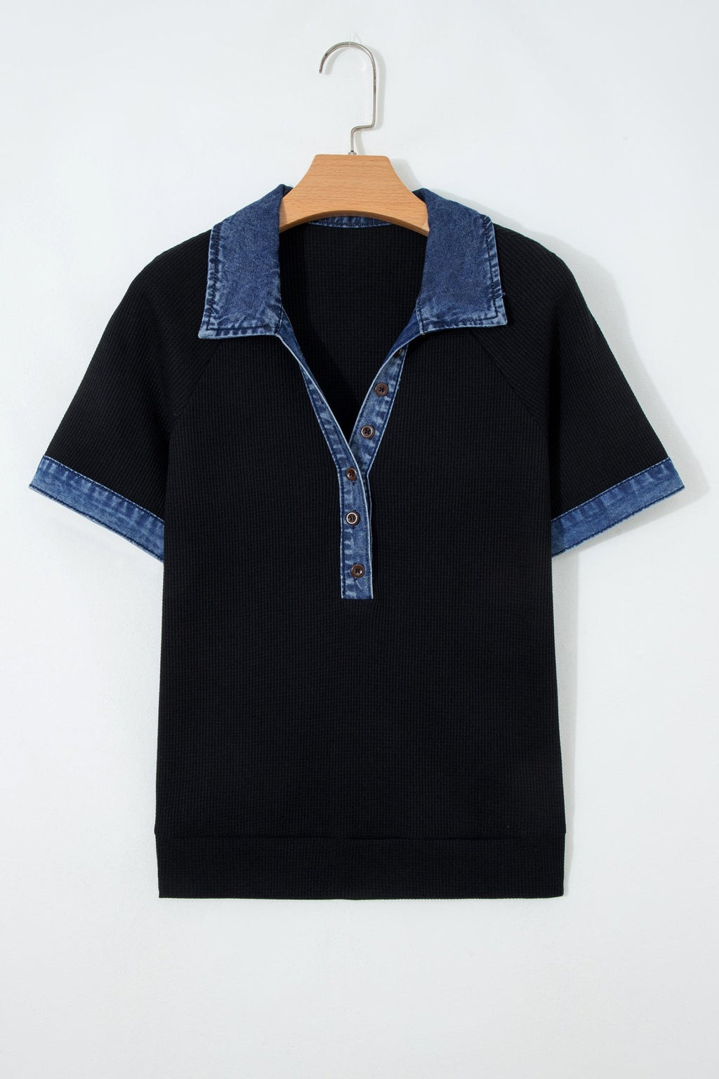 Denim Polo Collar Waffle Knit Patchwork Top - Rooted & Reckless Co.
