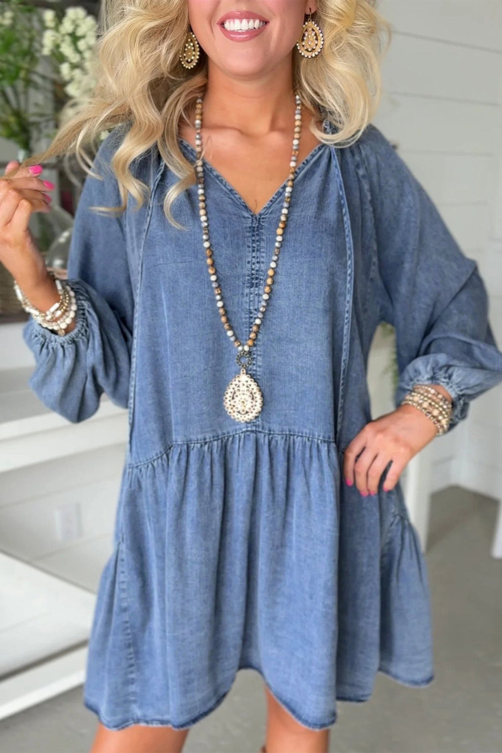 Denim Puff Sleeve Tie V-Neck Ruffle Dress - Rooted & Reckless Co.