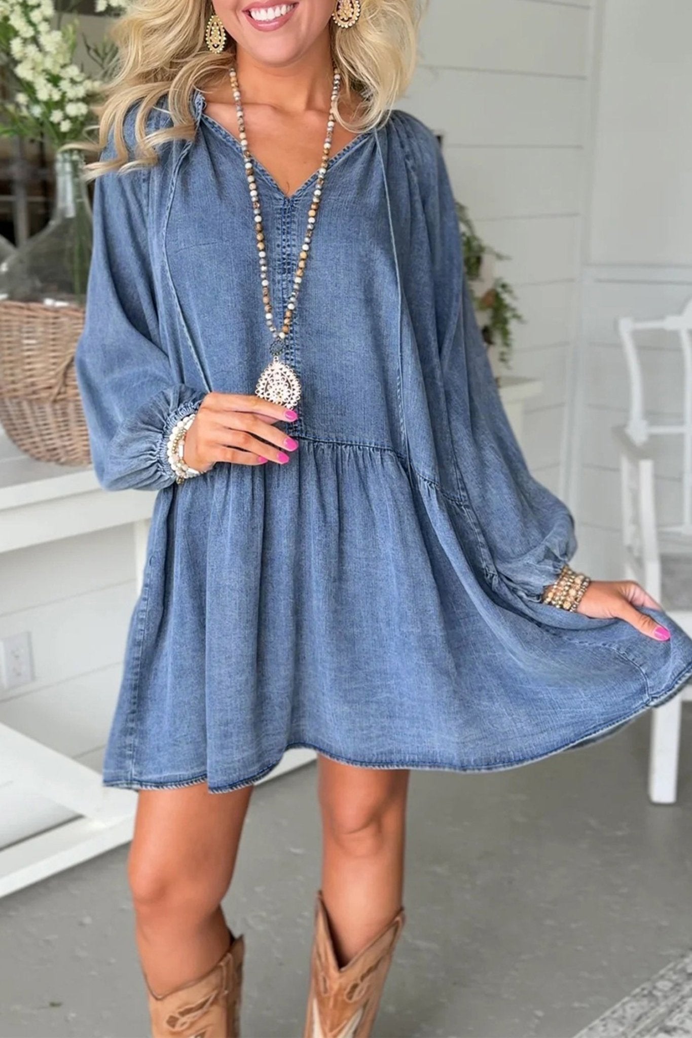 Denim Puff Sleeve Tie V-Neck Ruffle Dress - Rooted & Reckless Co.