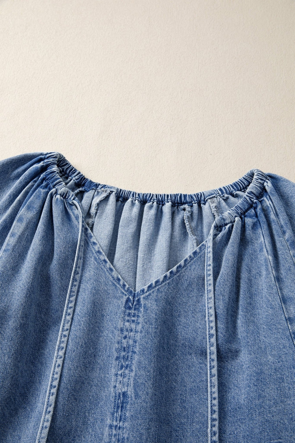 Denim Puff Sleeve Tie V-Neck Ruffle Dress - Rooted & Reckless Co.