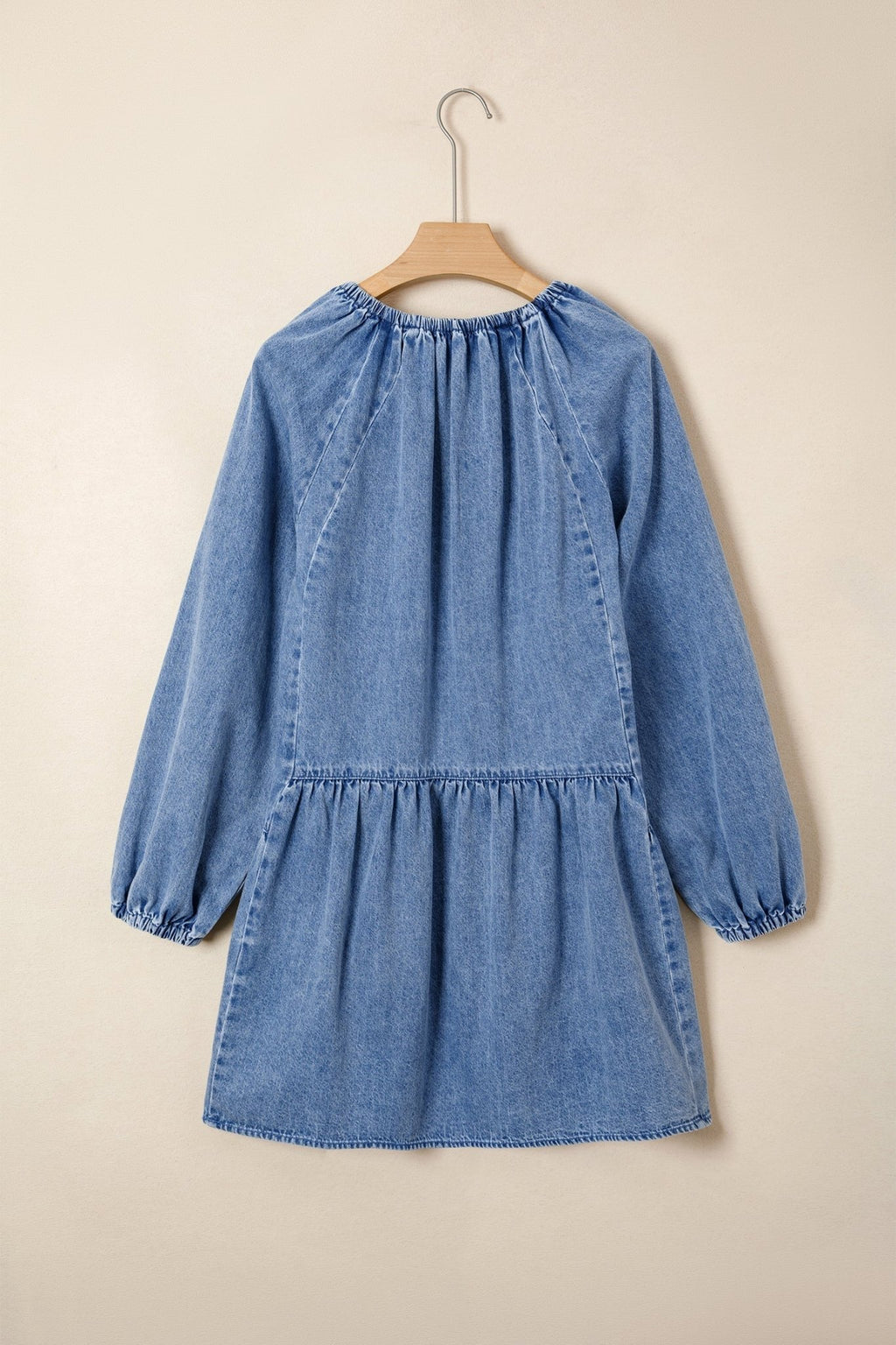 Denim Puff Sleeve Tie V-Neck Ruffle Dress - Rooted & Reckless Co.