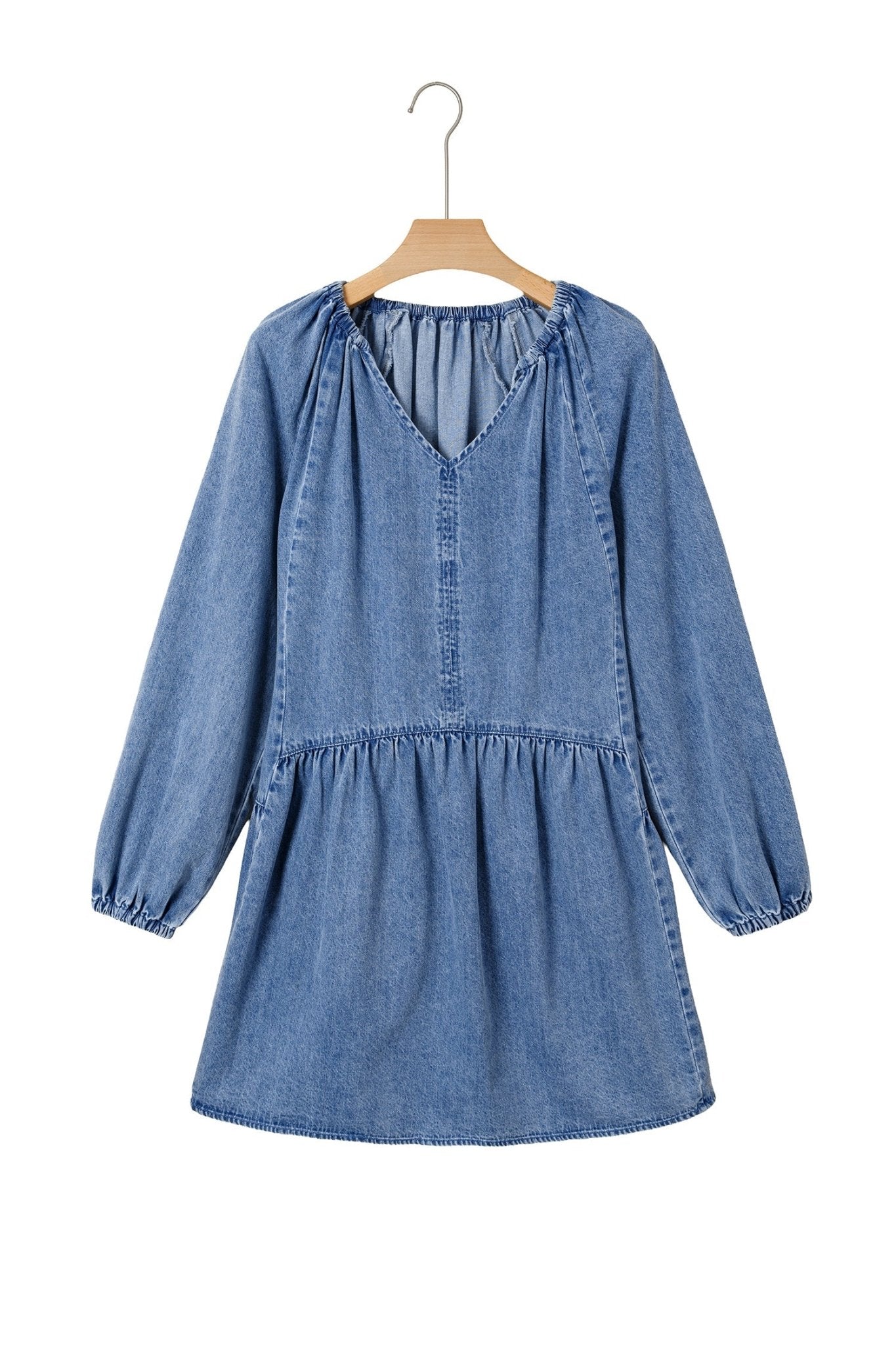 Denim Puff Sleeve Tie V-Neck Ruffle Dress - Rooted & Reckless Co.
