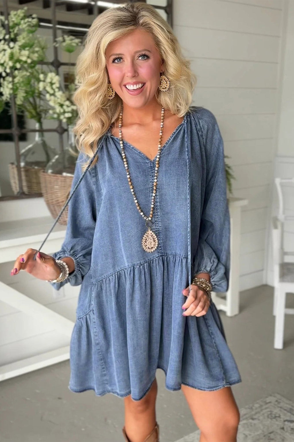 Denim Puff Sleeve Tie V-Neck Ruffle Dress - Rooted & Reckless Co.
