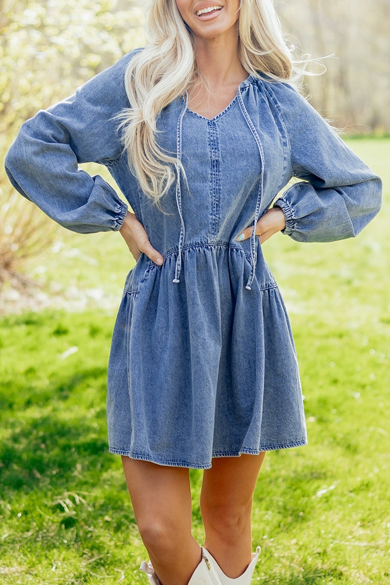 Denim Puff Sleeve Tie V-Neck Ruffle Dress - Rooted & Reckless Co.