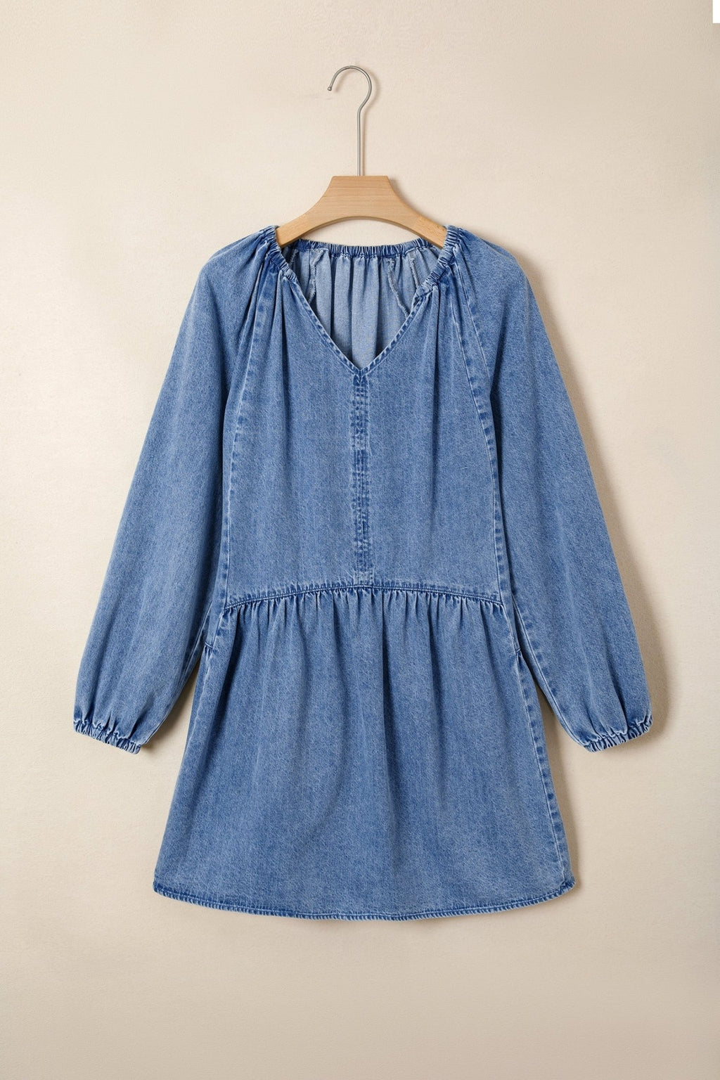 Denim Puff Sleeve Tie V-Neck Ruffle Dress - Rooted & Reckless Co.