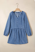 Denim Puff Sleeve Tie V-Neck Ruffle Dress - Rooted & Reckless Co.