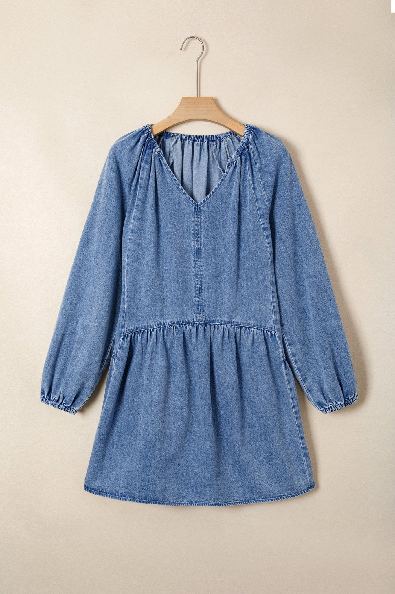 Denim Puff Sleeve Tie V-Neck Ruffle Dress - Rooted & Reckless Co.