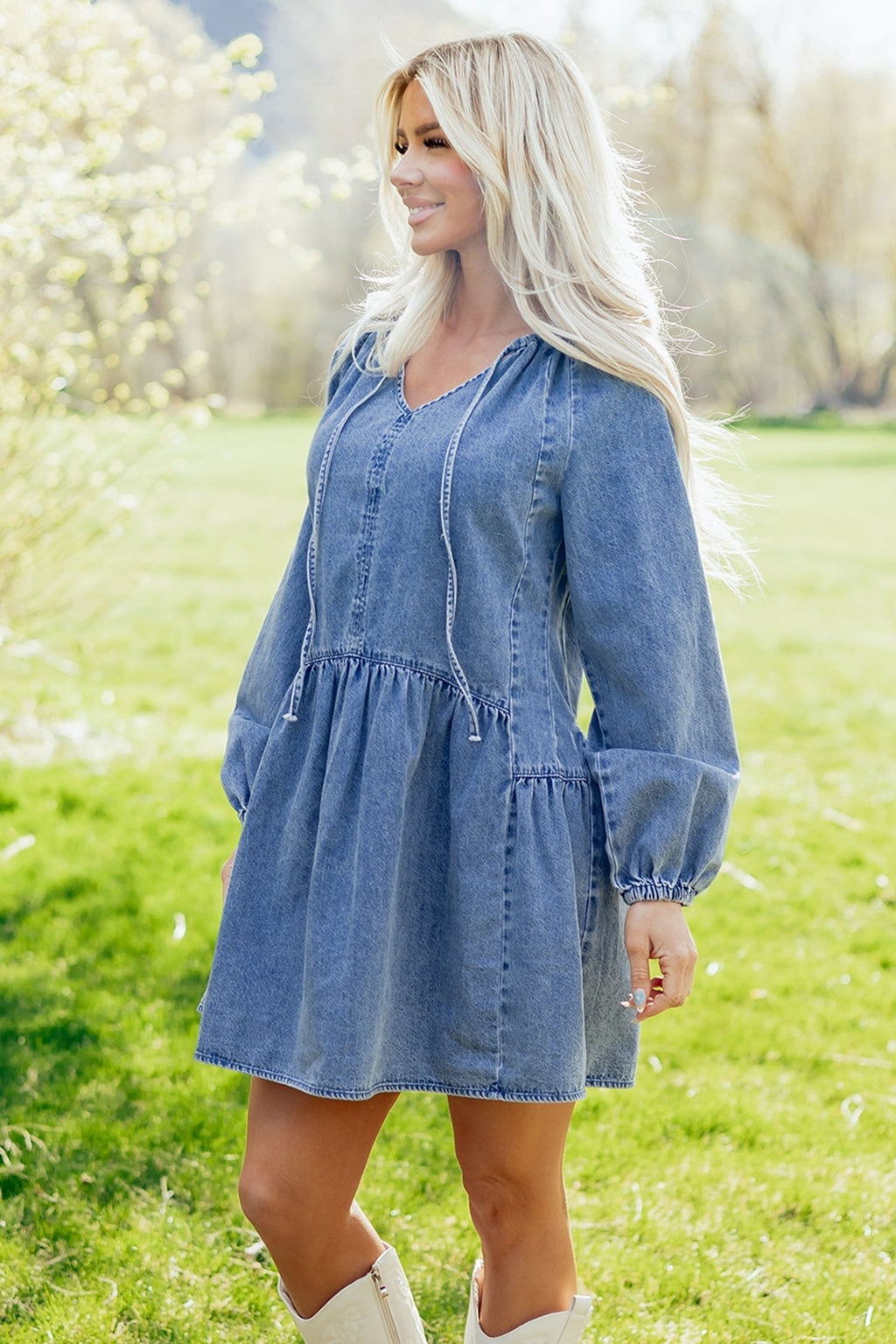 Denim Puff Sleeve Tie V-Neck Ruffle Dress - Rooted & Reckless Co.