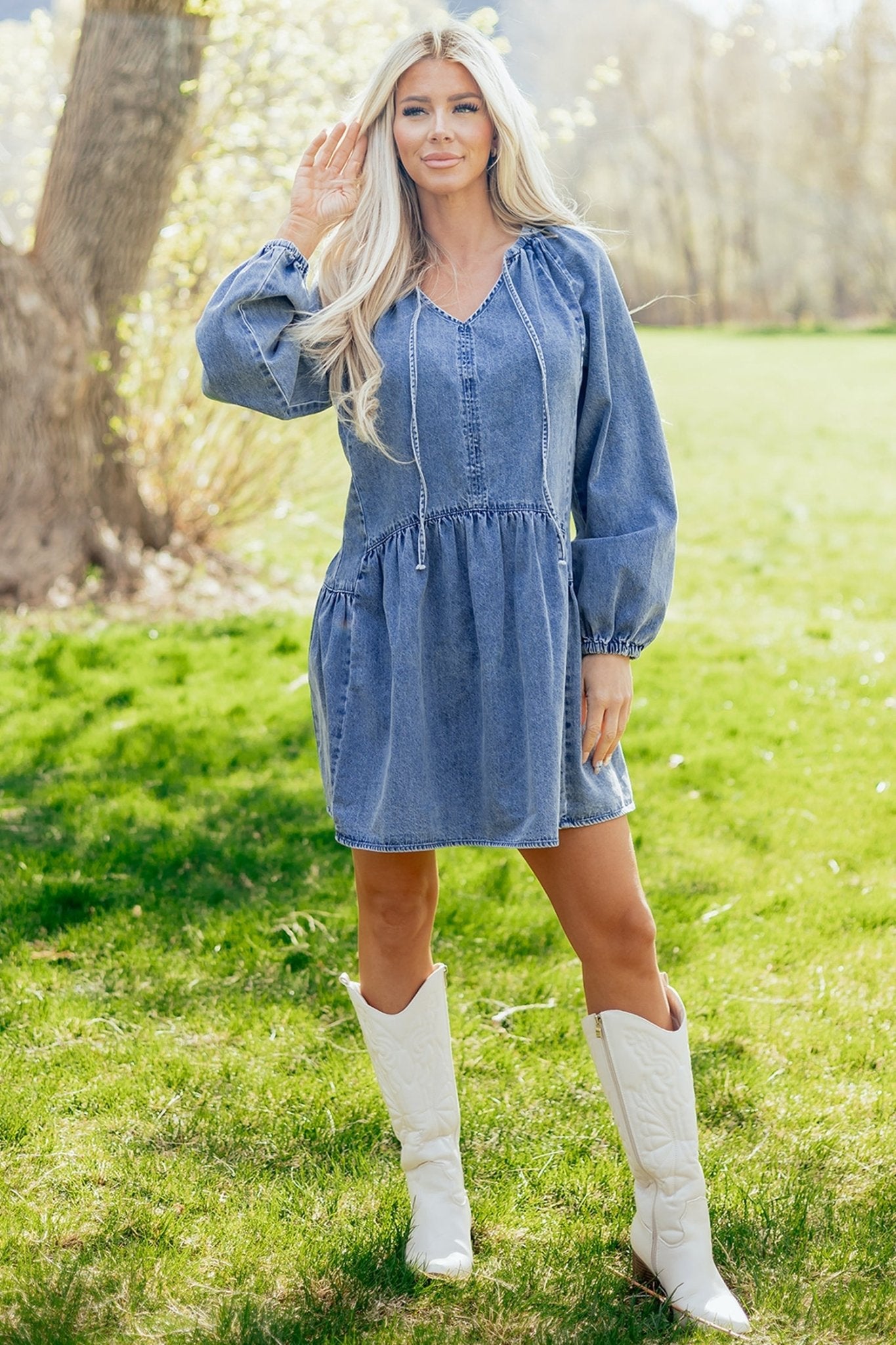 Denim Puff Sleeve Tie V-Neck Ruffle Dress - Rooted & Reckless Co.