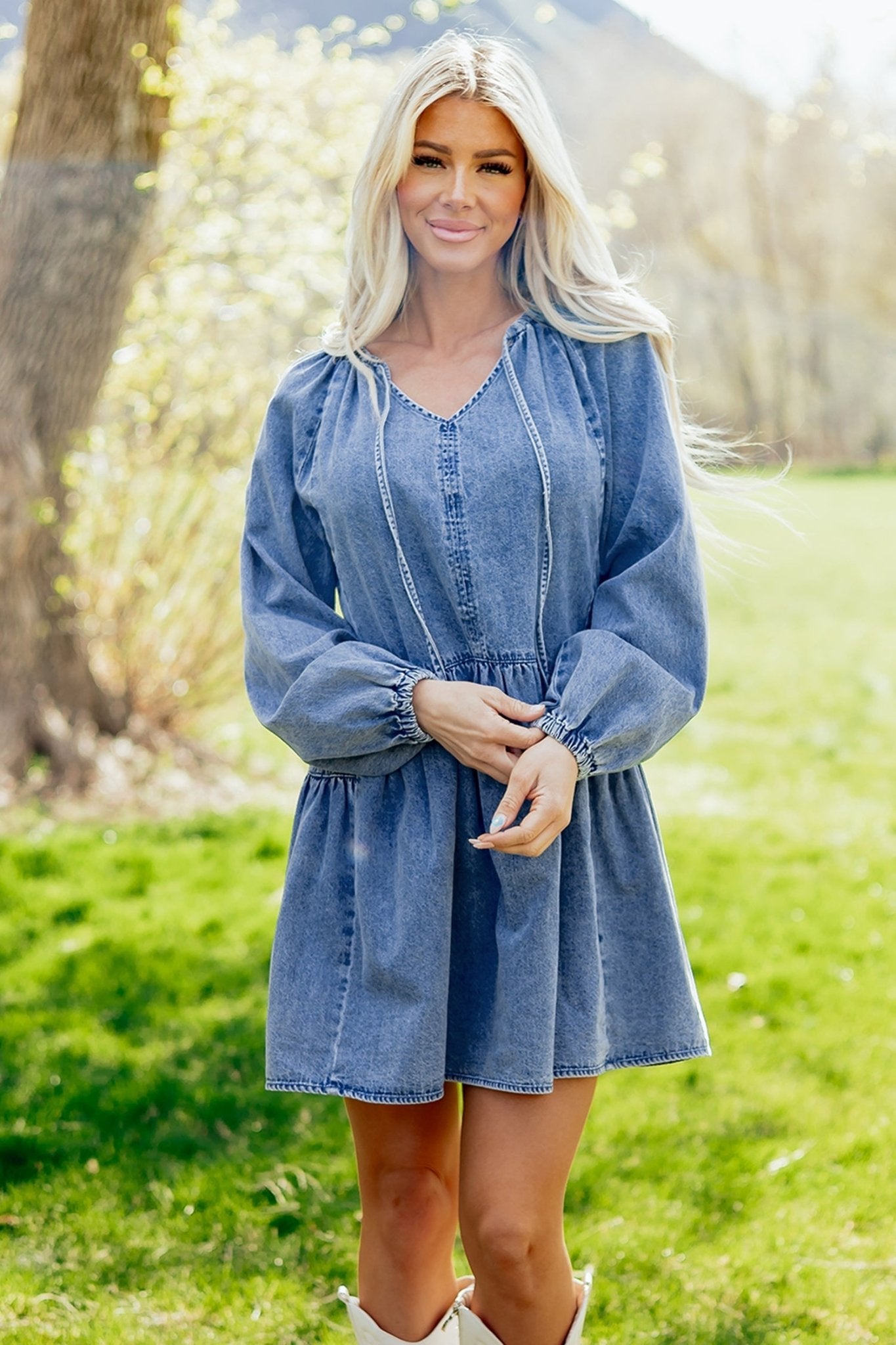 Denim Puff Sleeve Tie V-Neck Ruffle Dress - Rooted & Reckless Co.