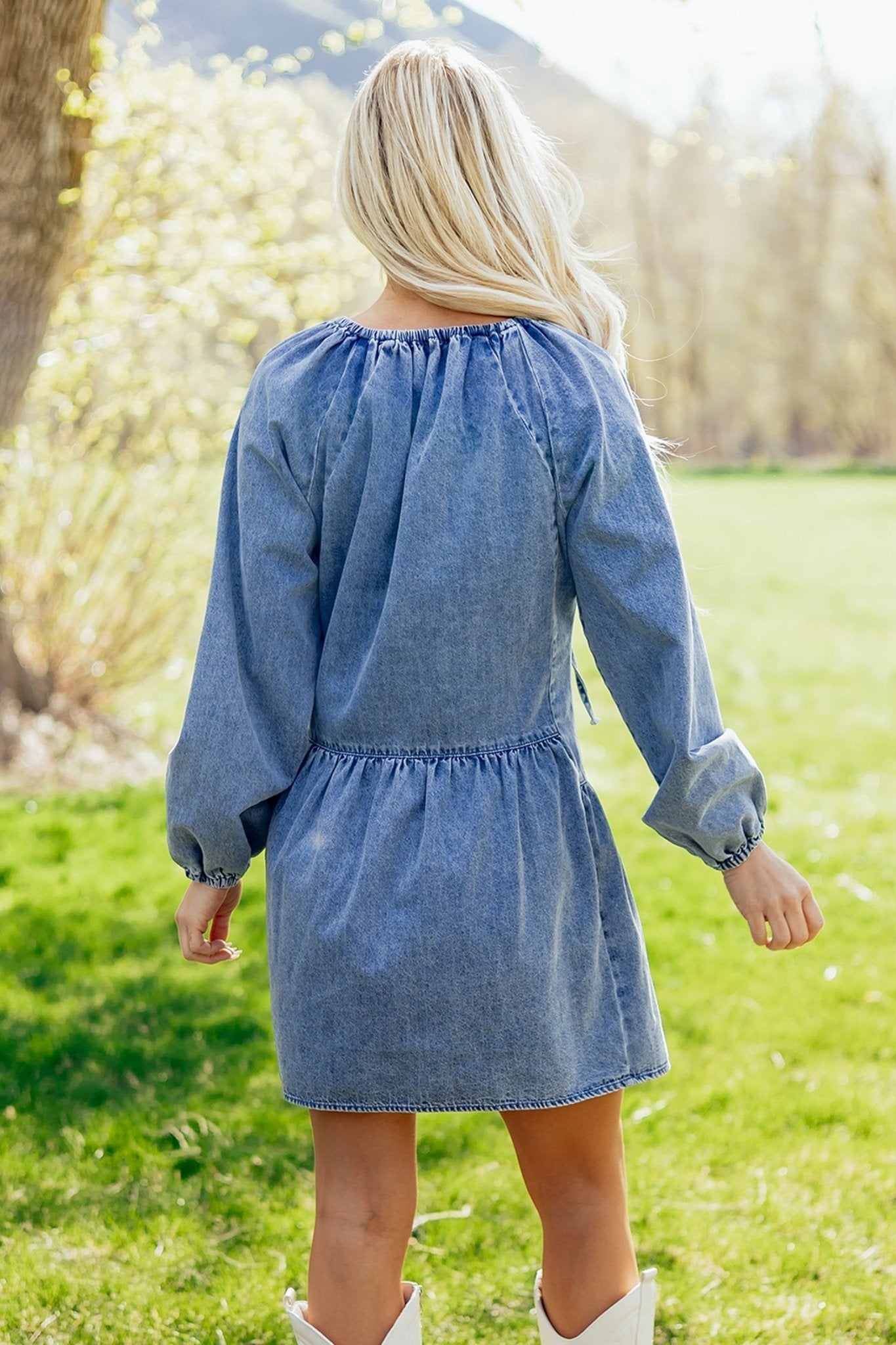 Denim Puff Sleeve Tie V-Neck Ruffle Dress - Rooted & Reckless Co.