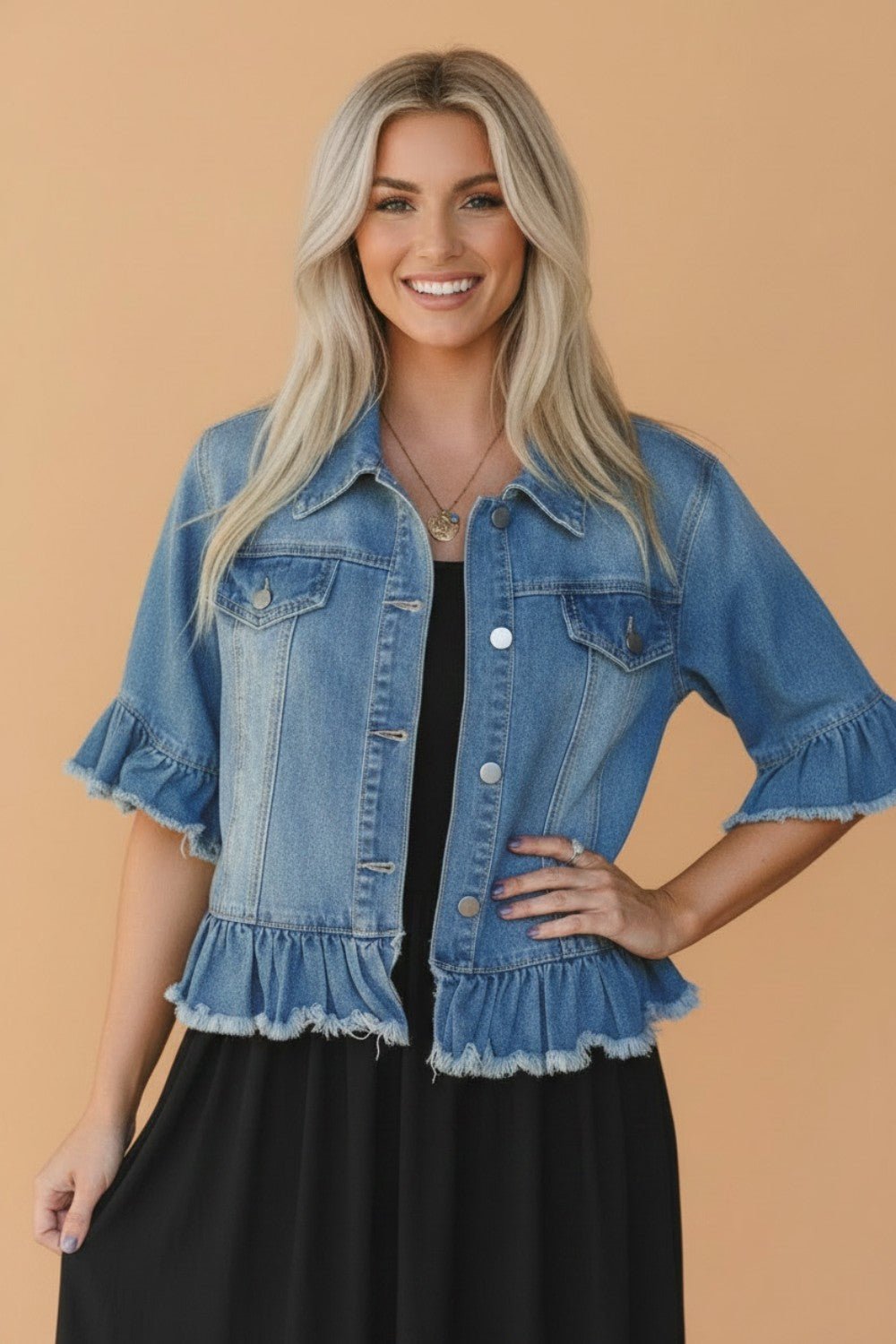 Denim Raw Edge Short Sleeve Ruffle Hem Jacket - Rooted & Reckless Co.