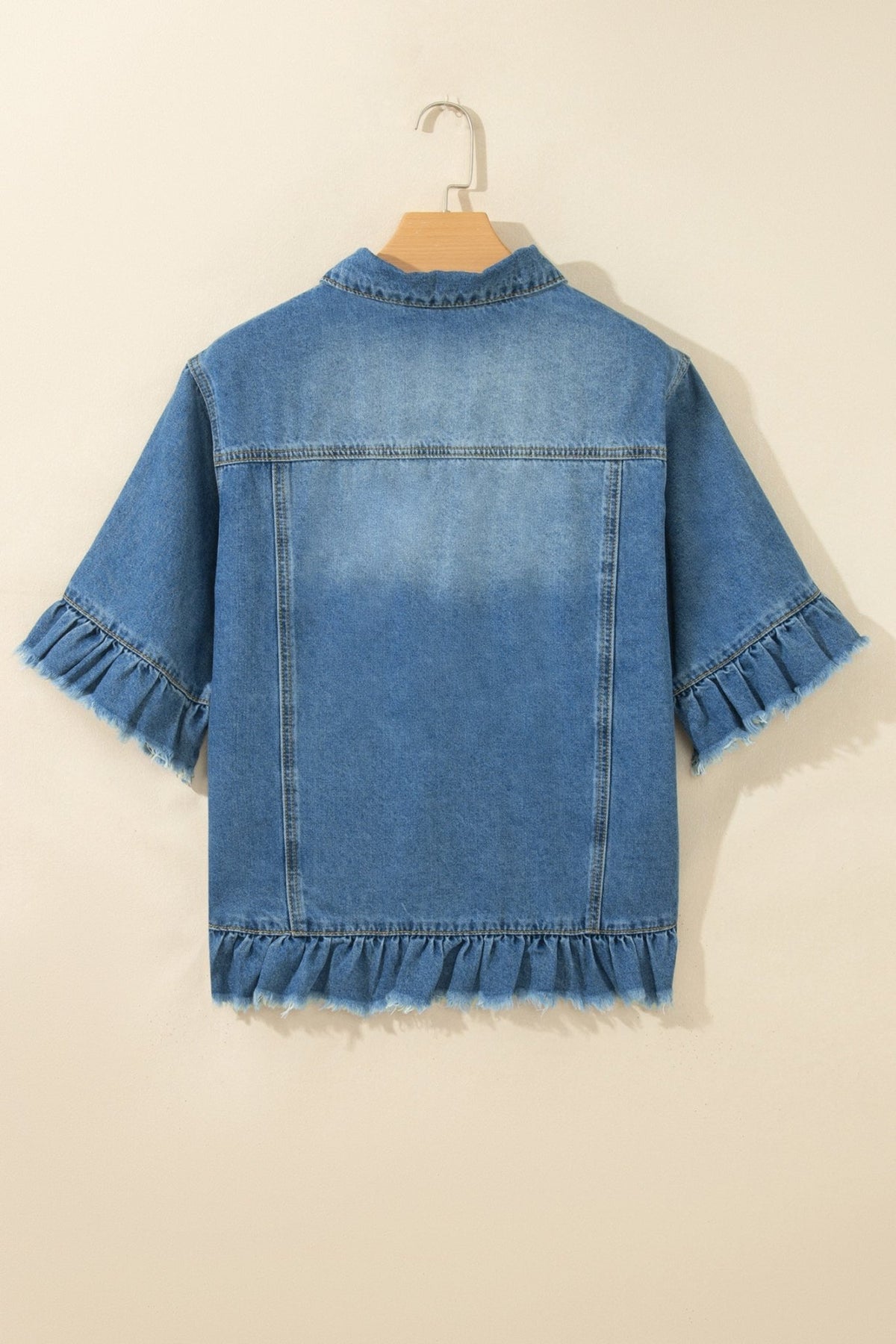 Denim Raw Edge Short Sleeve Ruffle Hem Jacket - Rooted & Reckless Co.