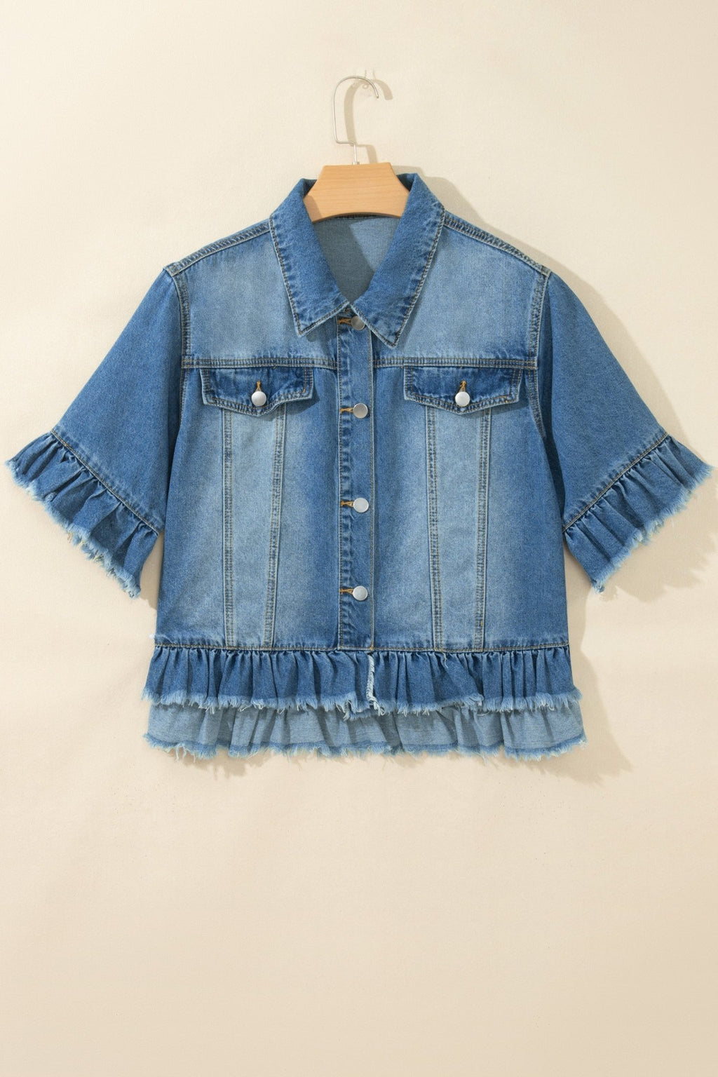 Denim Raw Edge Short Sleeve Ruffle Hem Jacket - Rooted & Reckless Co.