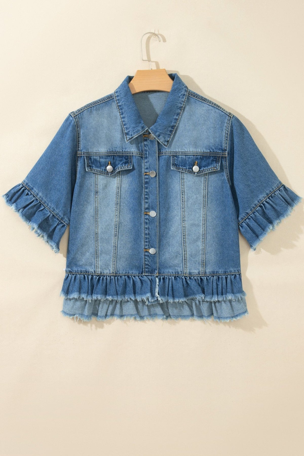 Denim Raw Edge Short Sleeve Ruffle Hem Jacket - Rooted & Reckless Co.