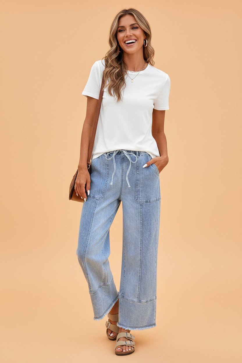 Denim Raw Hem Drawstring Wide Leg Pants - Rooted & Reckless Co.