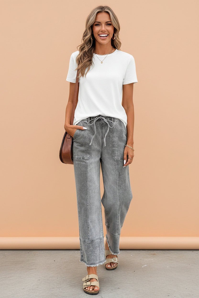 Denim Raw Hem Drawstring Wide Leg Pants - Rooted & Reckless Co.