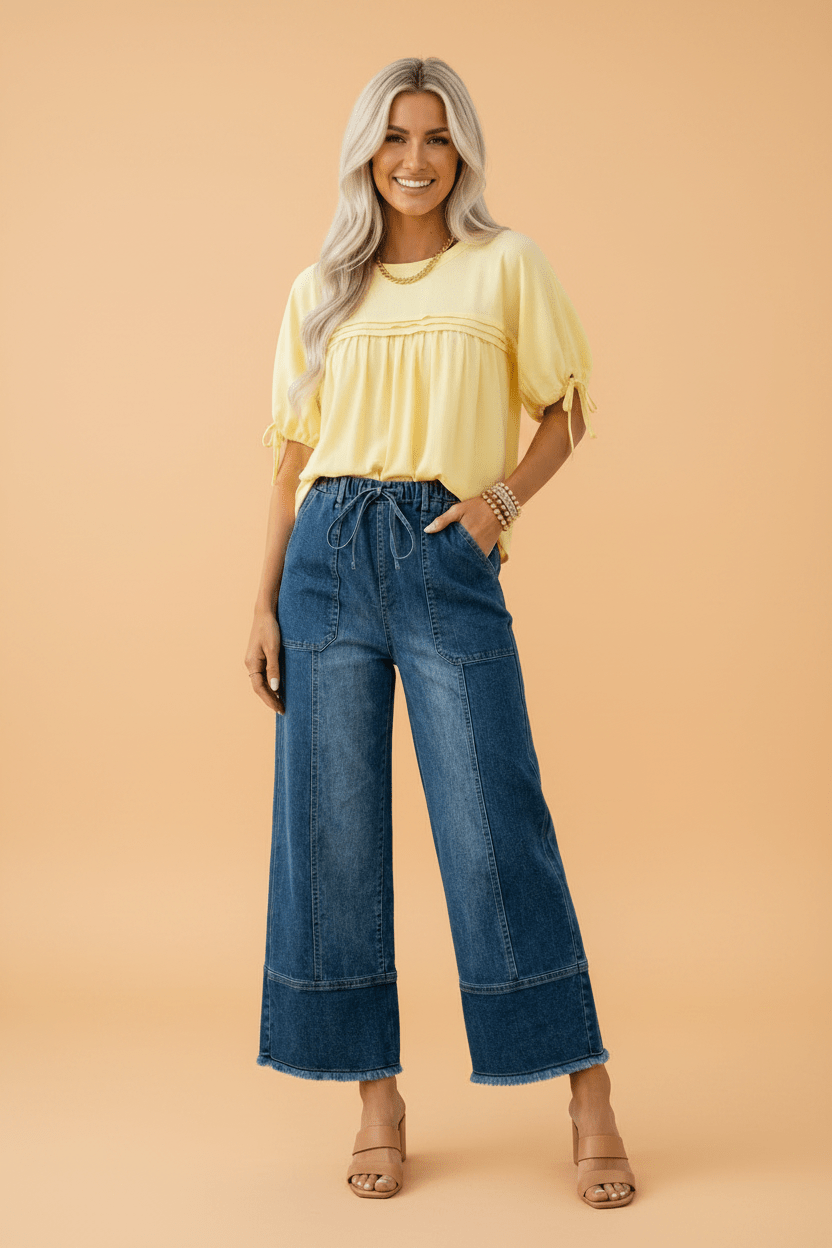 Denim Raw Hem Drawstring Wide Leg Pants - Rooted & Reckless Co.