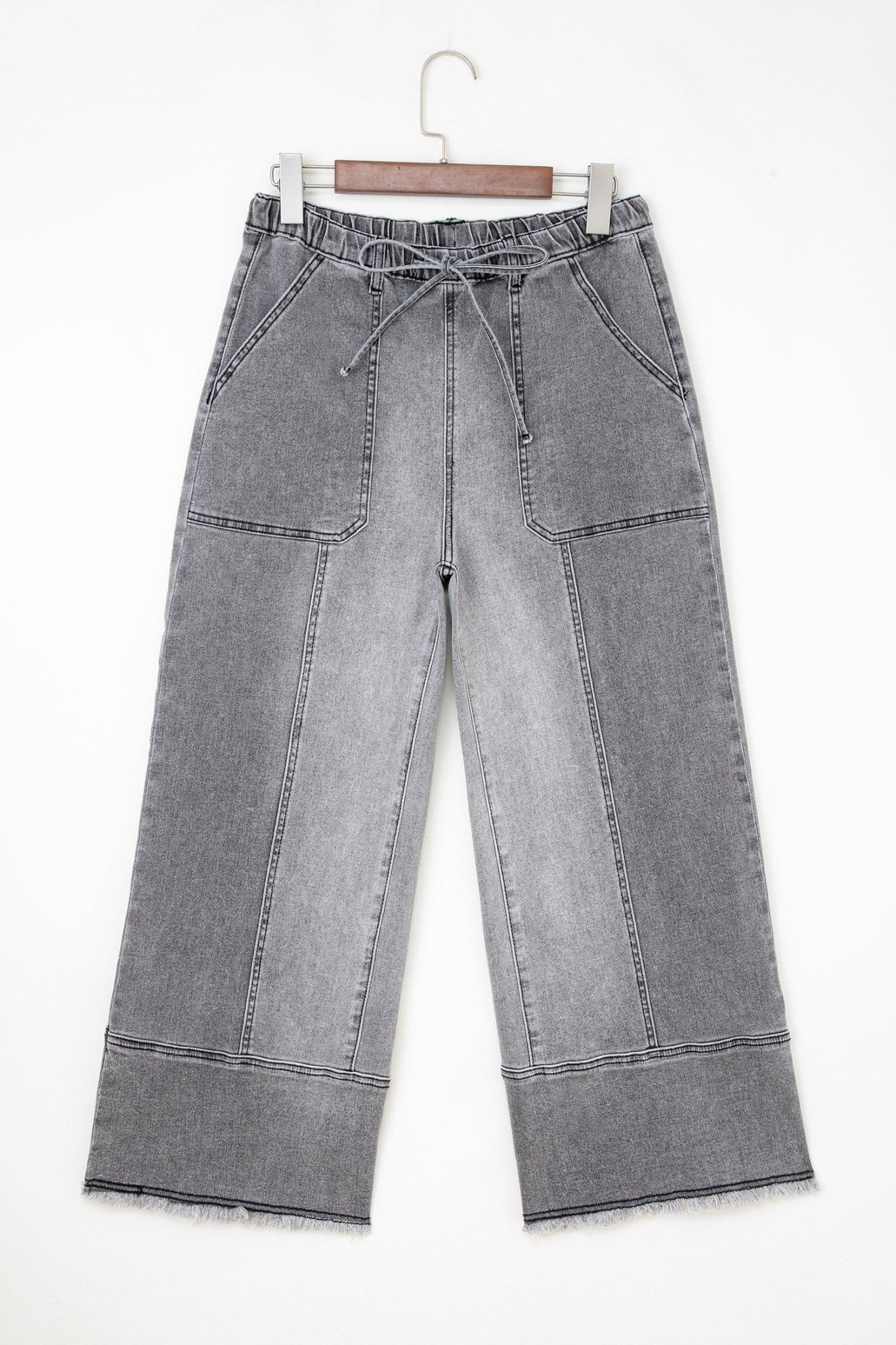 Denim Raw Hem Drawstring Wide Leg Pants - Rooted & Reckless Co.