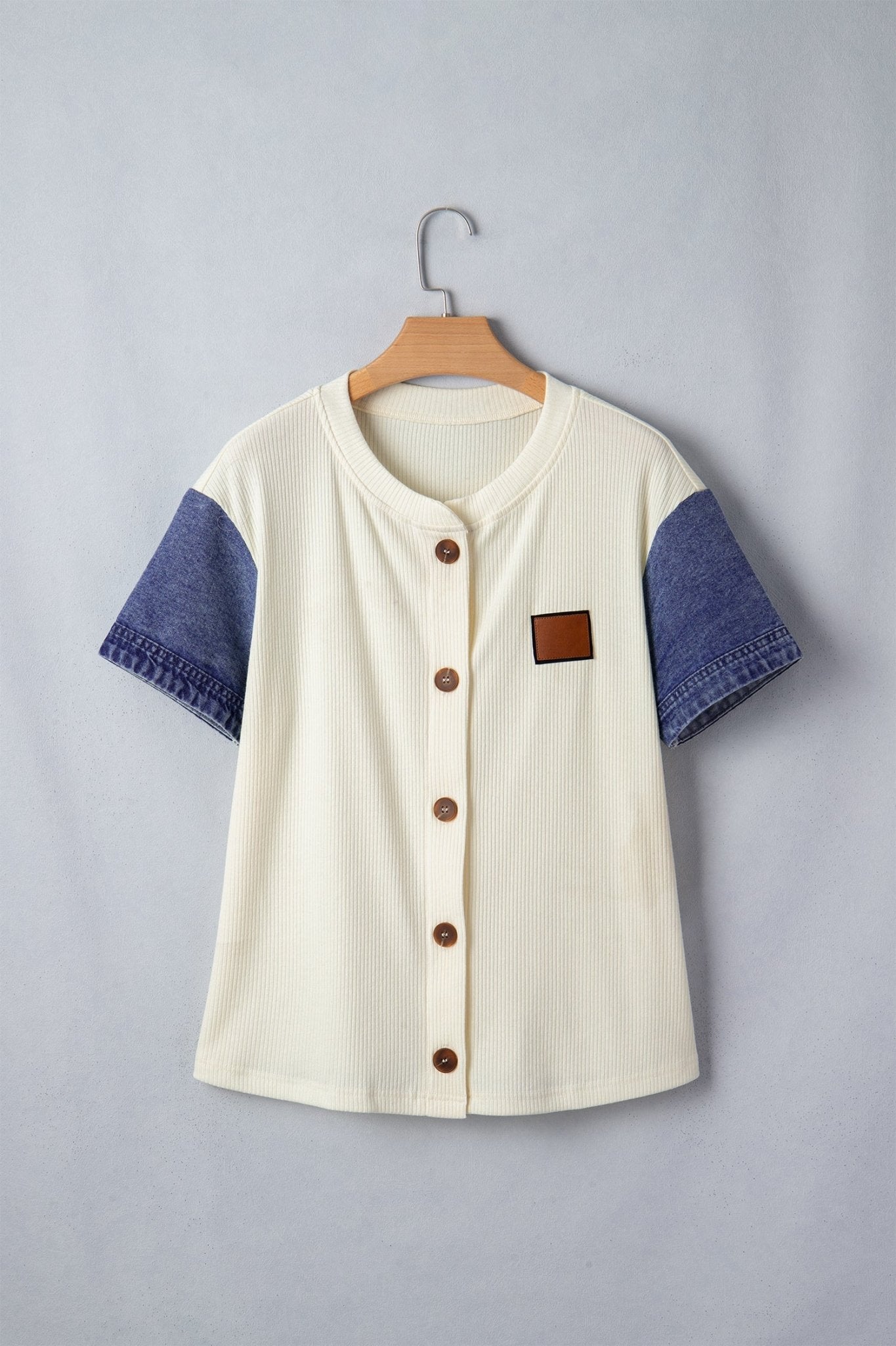 Denim Ribbed Patchwork Short Sleeve Buttoned Shirt - Rooted & Reckless Co.