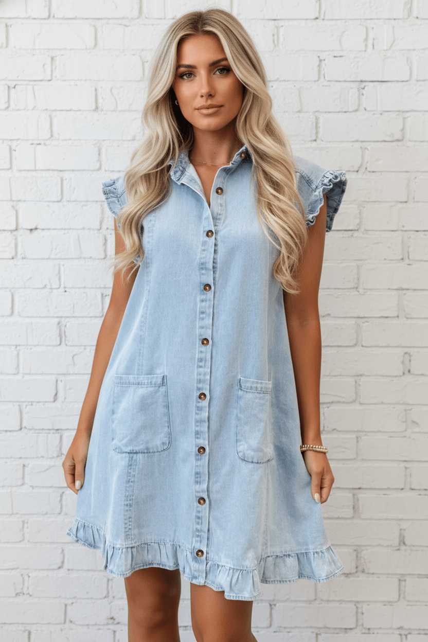 Denim Ruffle Edge Collared Button Up Dress - Rooted & Reckless Co.