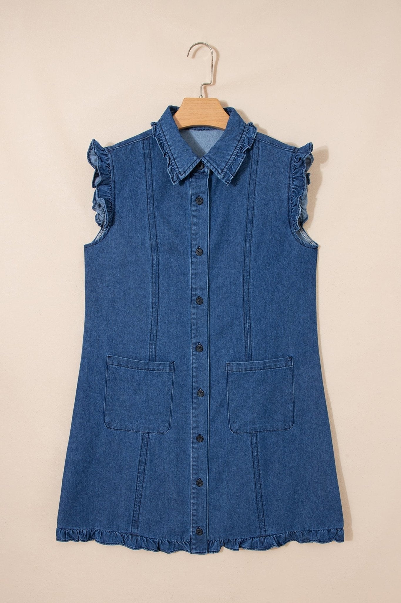 Denim Ruffle Edge Collared Button Up Dress - Rooted & Reckless Co.