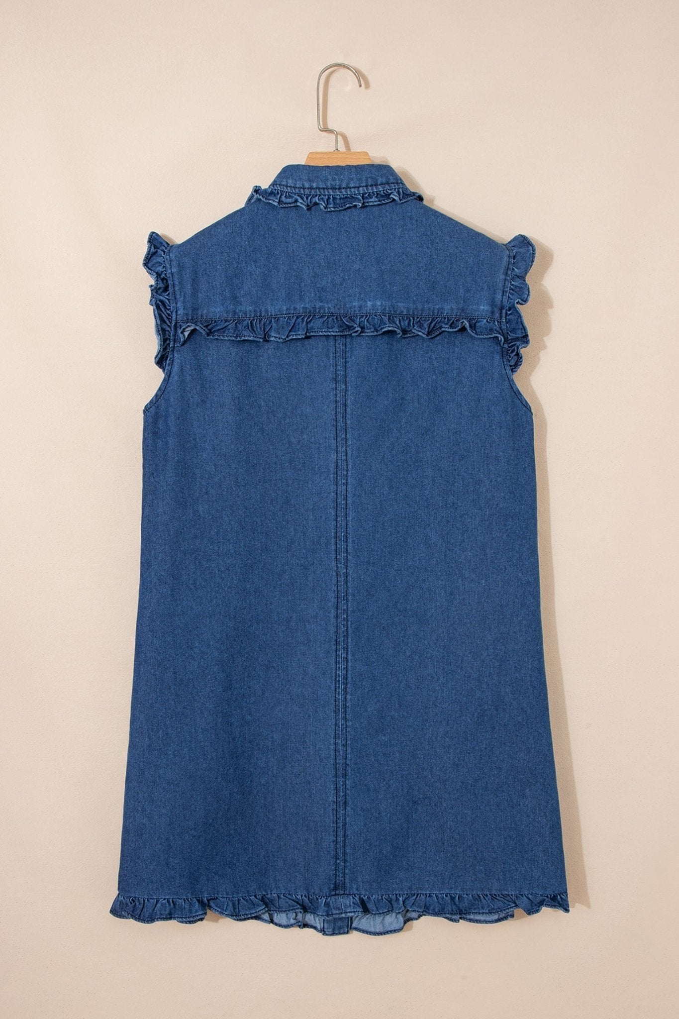 Denim Ruffle Edge Collared Button Up Dress - Rooted & Reckless Co.